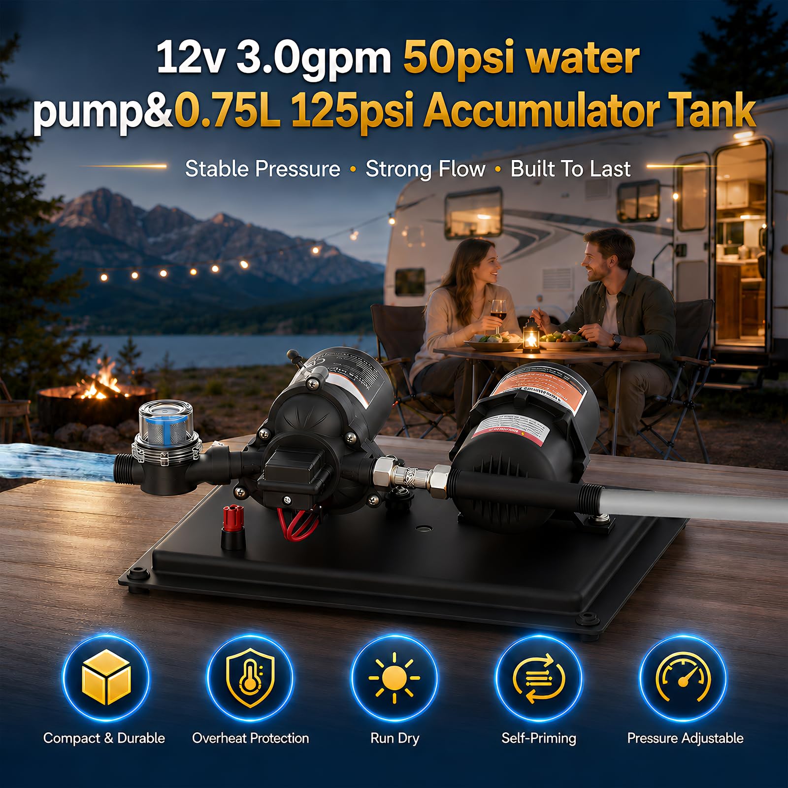 DC 12V Wasserdrucksystem mit 0,75L Druckspeicher, 3,0 GPM 50PSI Selbstansaugende Membranpumpe mit Filter & Druckeinstellung, leise Wasserversorgungspumpe für Wohnmobil, Boot, Garten, Camping