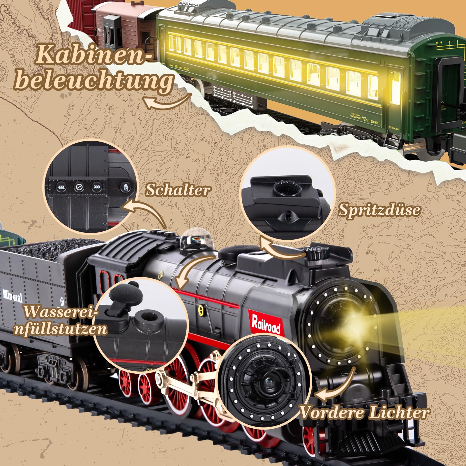 Joellfuner Elektrische Zug Spielzeug, Eisenbahn Kinder Elektrisch, Fernbedienung Dampfzug Spielzeug mit Dampf, Sounds und Lights, Weihnachtszug um den Baum Geschenk für Kinder