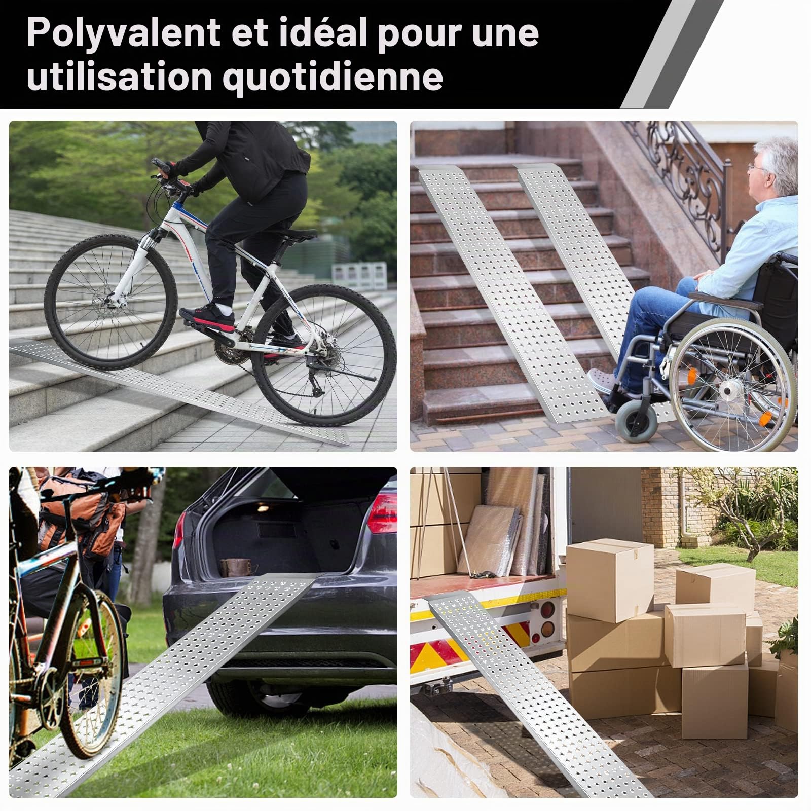 Randaco Lot de 2 rampes de chargement pliables - 400 kg - Antidérapantes - 160 x 23,5 x 4 cm - Pour moto, tracteur de pelouse, voiture