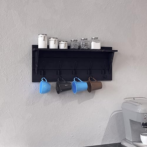 Vista 2 de HBCY Creations Estante de almacenamiento montado en la pared de 24 pulgadas, construcción de madera de pino, color negro lavado, estante