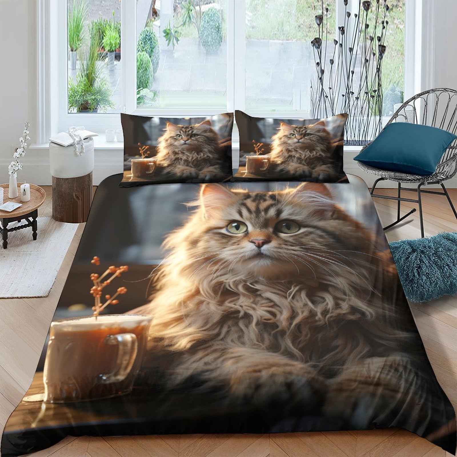 Parure de lit chat imprimé 3D avec housse de couette en microfibre et taies d'oreiller