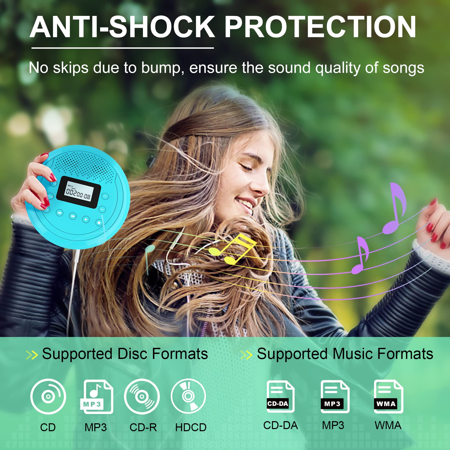Tragbarer Klein CD Player mit Lautsprecher für Auto Hörbücher Musikhören | Anti-Skip, 1400mAh Akku für 10 Stunden Spielzeit, Unterstützung der TF Card