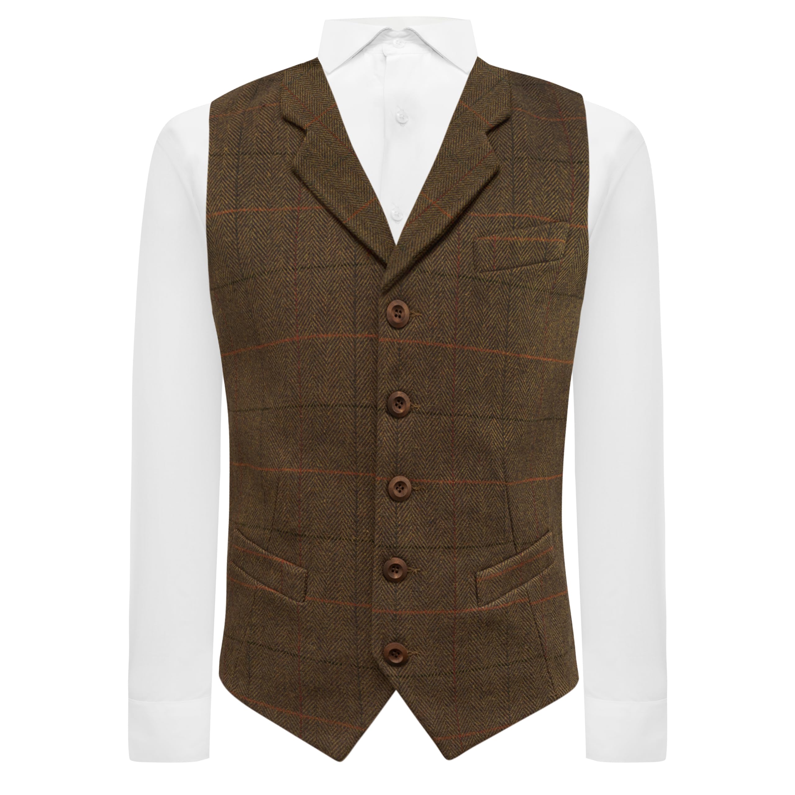 King & Priory Dijon Brown Herringbone Tweed Check Waistcoat with Lapel - XXXL