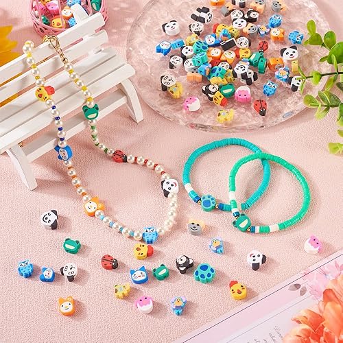 Miniatura 2 de KISSITTY 150 cuentas de arcilla polimérica de animales para gato, perro, pata, panda, mariquita, búho, pájaro, conejo, centro perforado, espaciador,