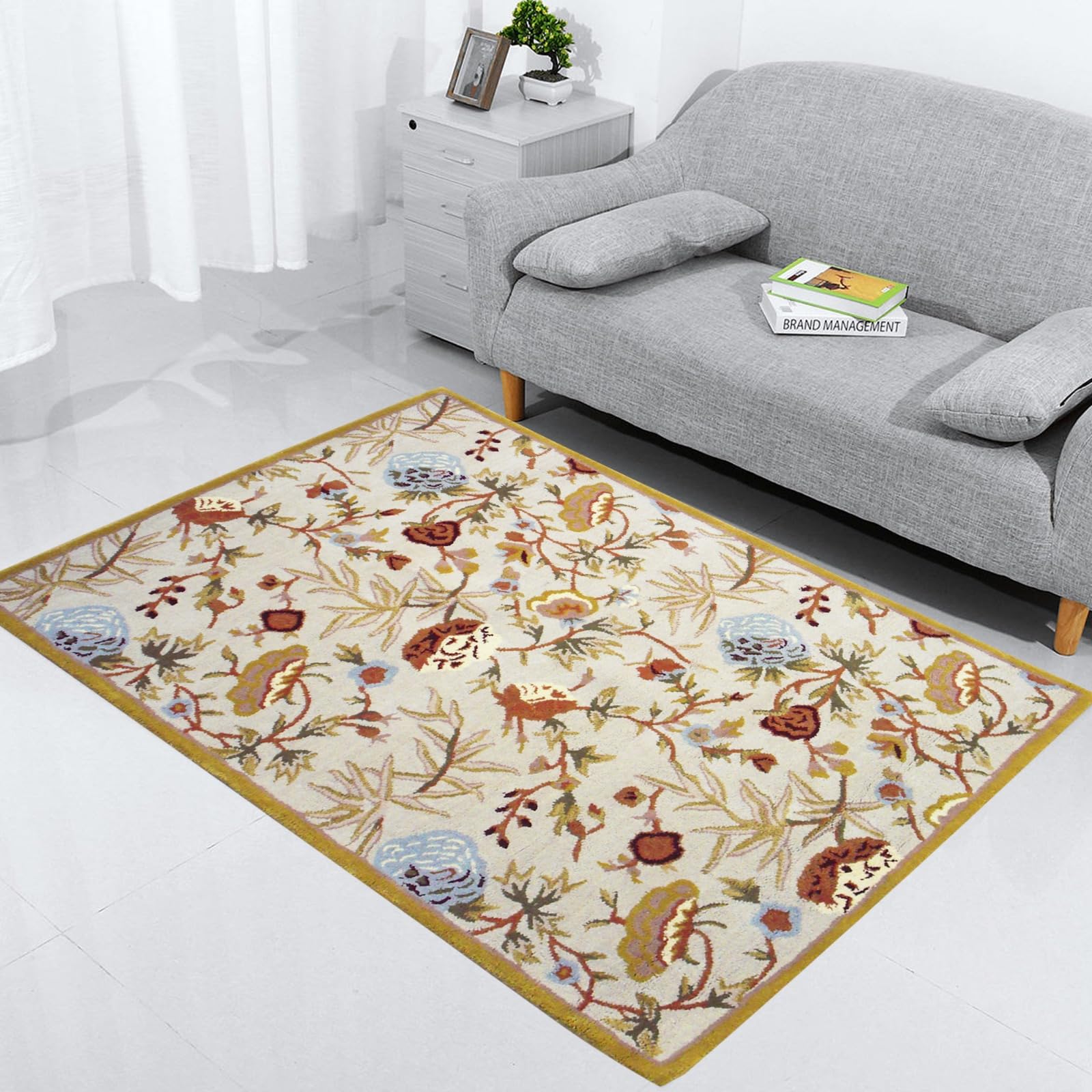 RUG PALACE Carpets for Living Room & Bedroom, Wool, Beige, 4ft x 6ft, Handmade Tufted Rug, Floral Design, Thick & Non-Slip, Soft, Cotton Latex Backing