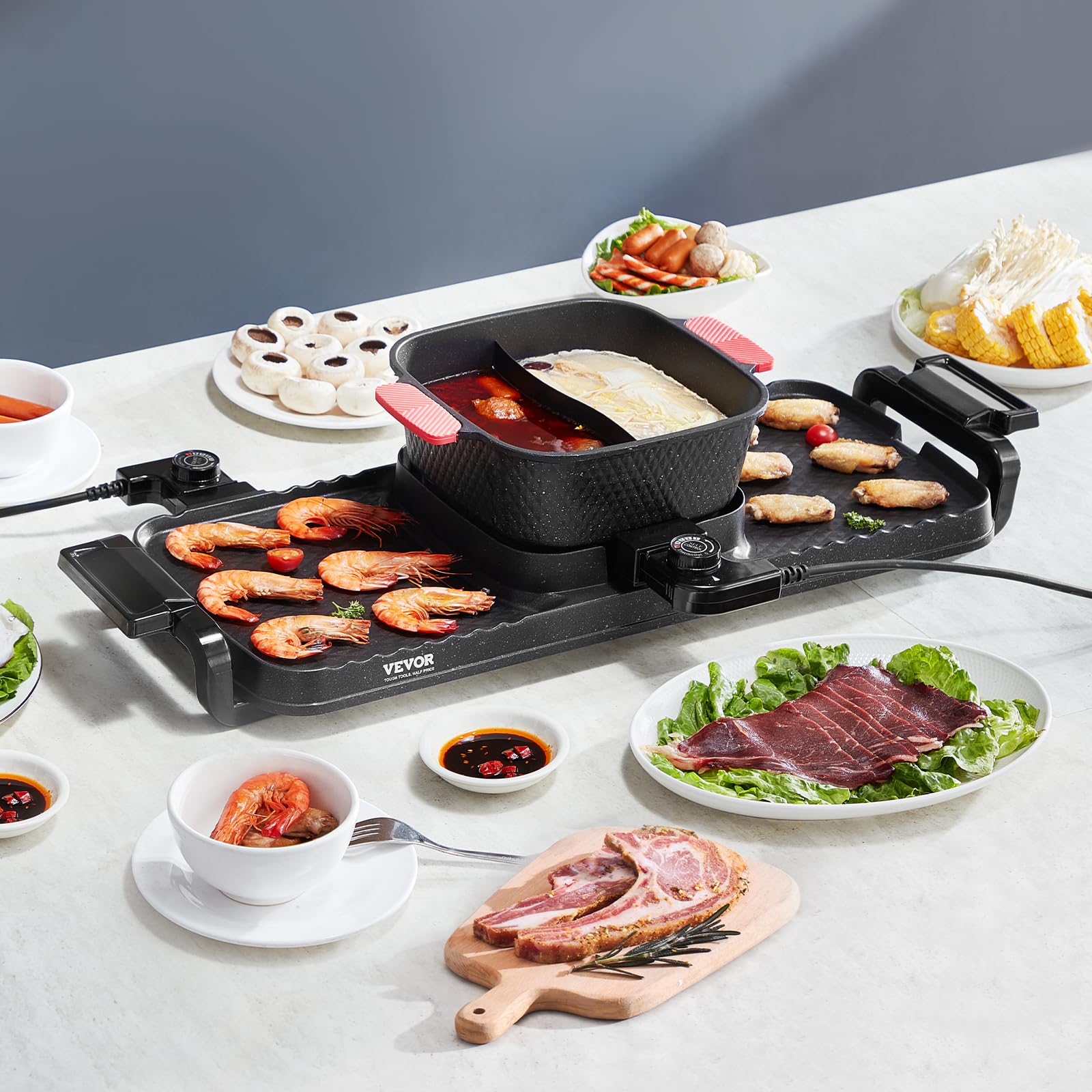 VEVOR Appareil à Fondue Chinoise Shabu Shabu avec Gril 2-en-1, Grill Électrique sans Fumée 2300 W, avec Marmite Amovible Antiadhésive, Double Contrôle de Température Séparé, Dîner en Famille