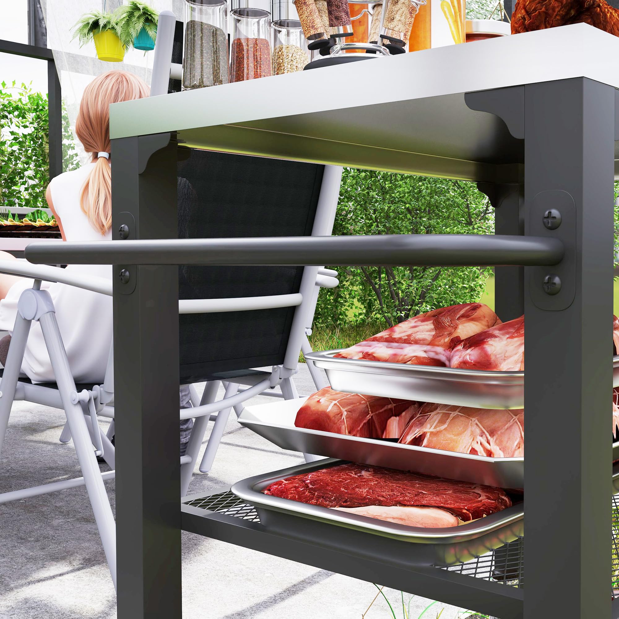 Outsunny Chariot de barbecue d'extérieur à trois étagères avec dessus en acier inoxydable, îlot de cuisine d'extérieur avec 4 roues, 3 crochets, table de four à pizza mobile pour cuisine, jardin, 65,5