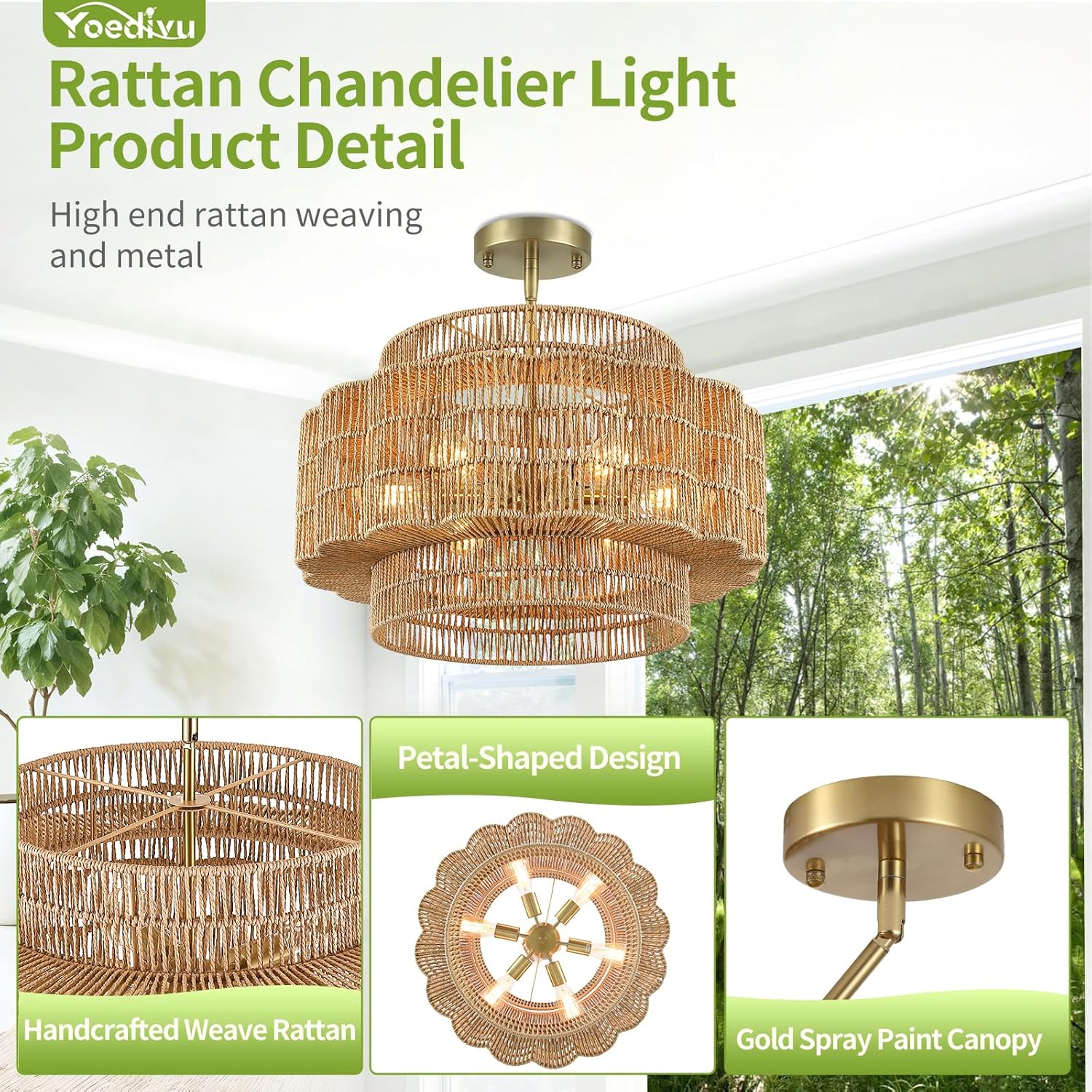 24" Boho Rattan Chandelier - 6-Light Petal-Shaped Pendant Light, Hand Woven Rattan Hanging Light Fixture, Small Farmhouse Rustic Chandelier for Dining Room, Living Room, Kitchen, Foyer