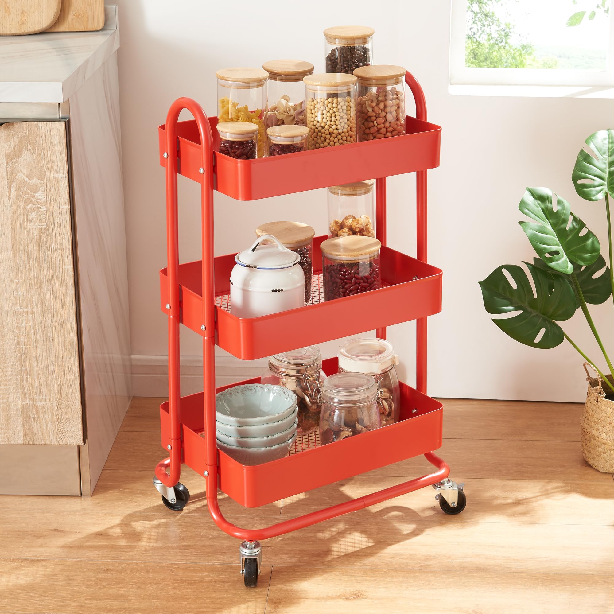 Carrello Da Stoccaggio En.casa Con 3 Contenitori E Ruote - Acciaio, Rosso, Per Casa/Ufficio