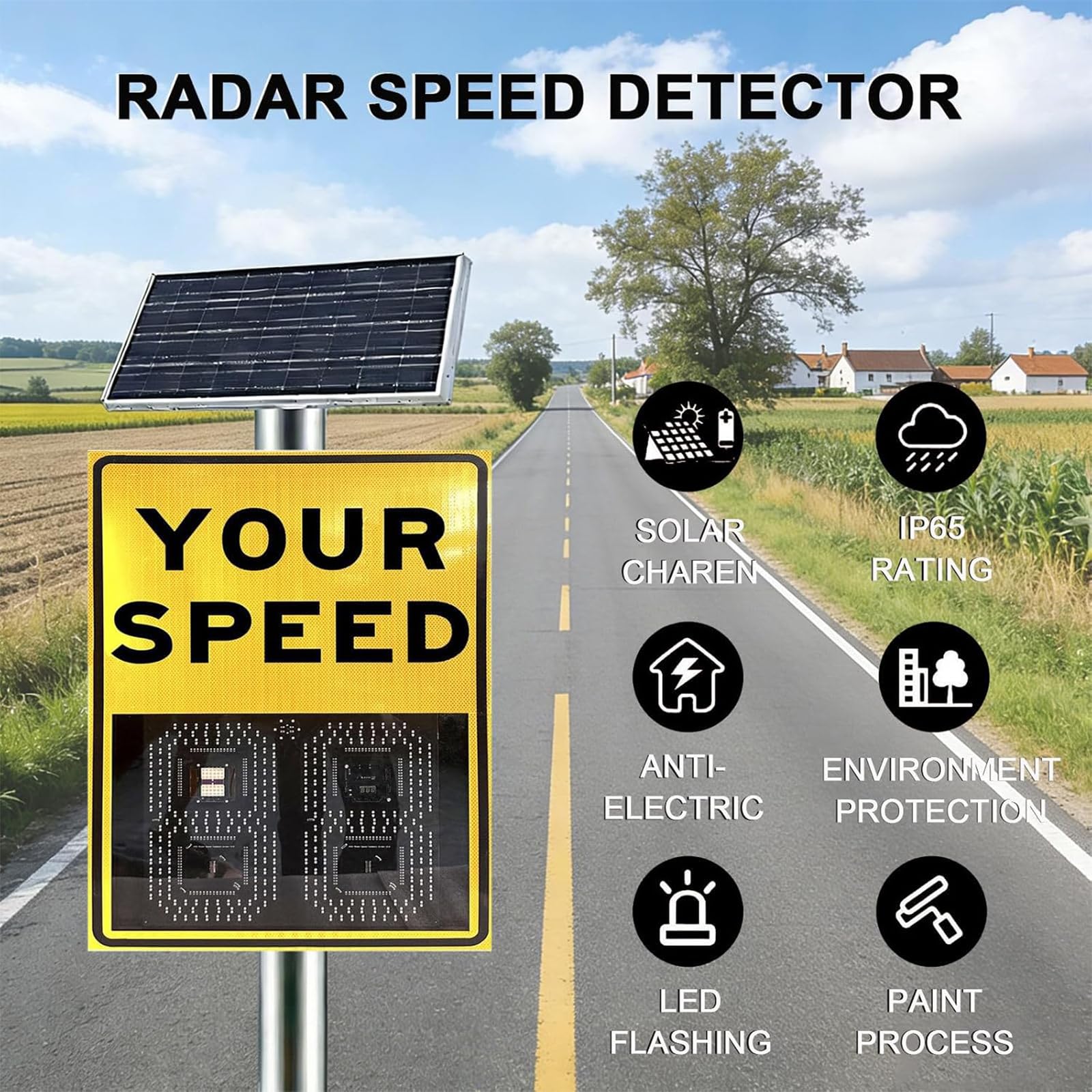 Señal de velocidad con radar alimentado por energía solar: pantalla LED de límite de velocidad de 24x35, detector de aluminio con control remoto para una mayor seguridad vial.