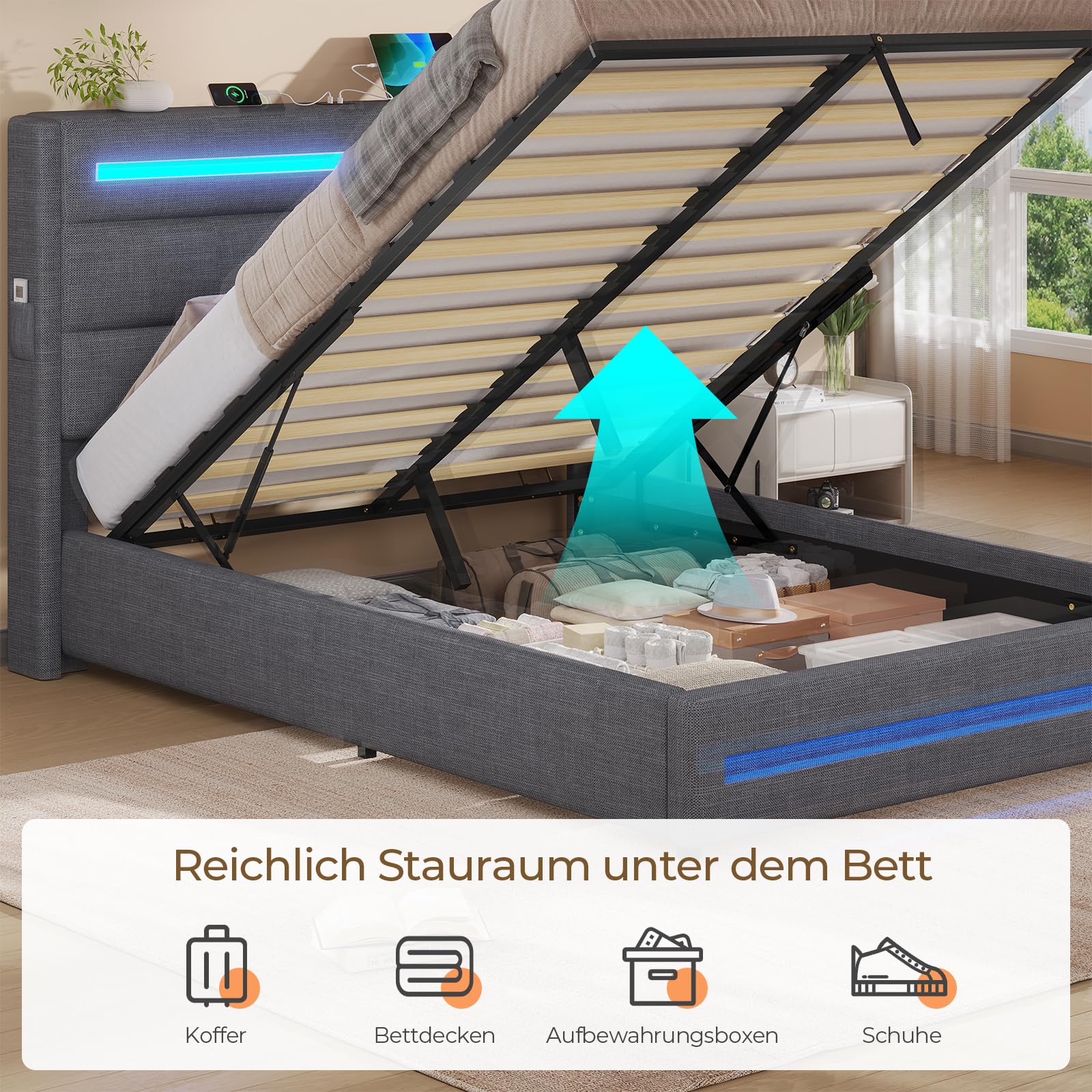 KIMENICH Bett 140X200 mit LED-Beleuchtung, Hydraulisches Bett 140x200 cm, Polsterbett Doppelbett, Bettgestell mit Stauraum und Lattenrost, Schlafzimmer, Leinenstoff Grau
