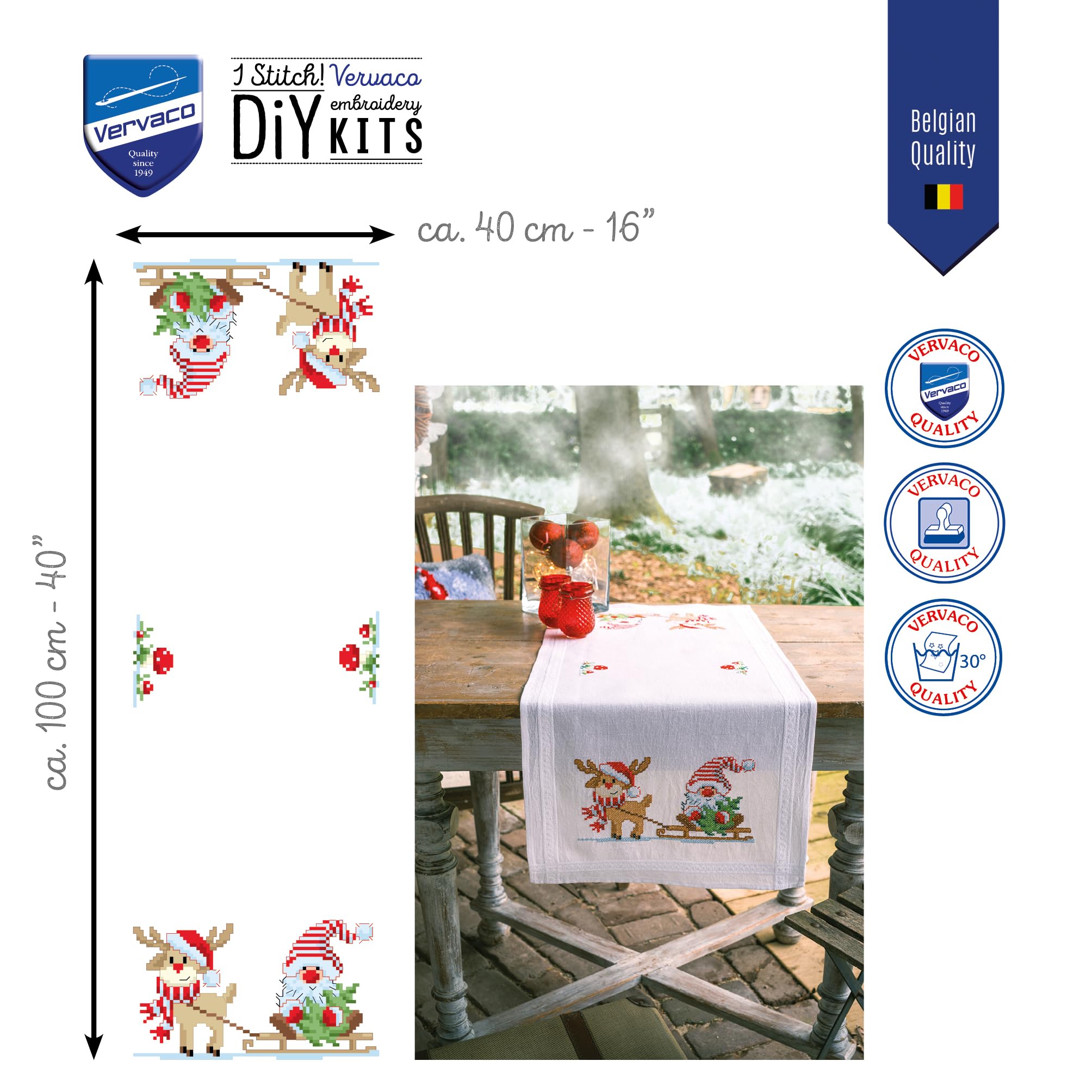 VERVACO Kit Point De Croix Pré-Imprimé Chemin De Table GNOME ET RENNE Broderie Kit Complet Adulte Loisir Créatif Maison Decoration Manuelle Table Cadeou DIYca. 40 x 100 cm Cross Stitch Embroidery