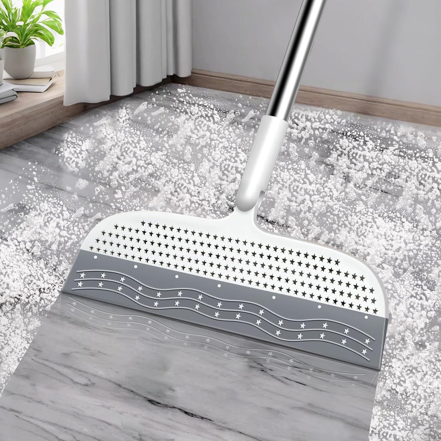 PRATIQUE 53.5-Inch White Rubber Broom Squeegee with 180 Rotating Head, Long Handle Multifunction Scraping Silicone Broom Floor Sweeper, Pet Hair Remover, Window, Mirrors, Tile Cleaning