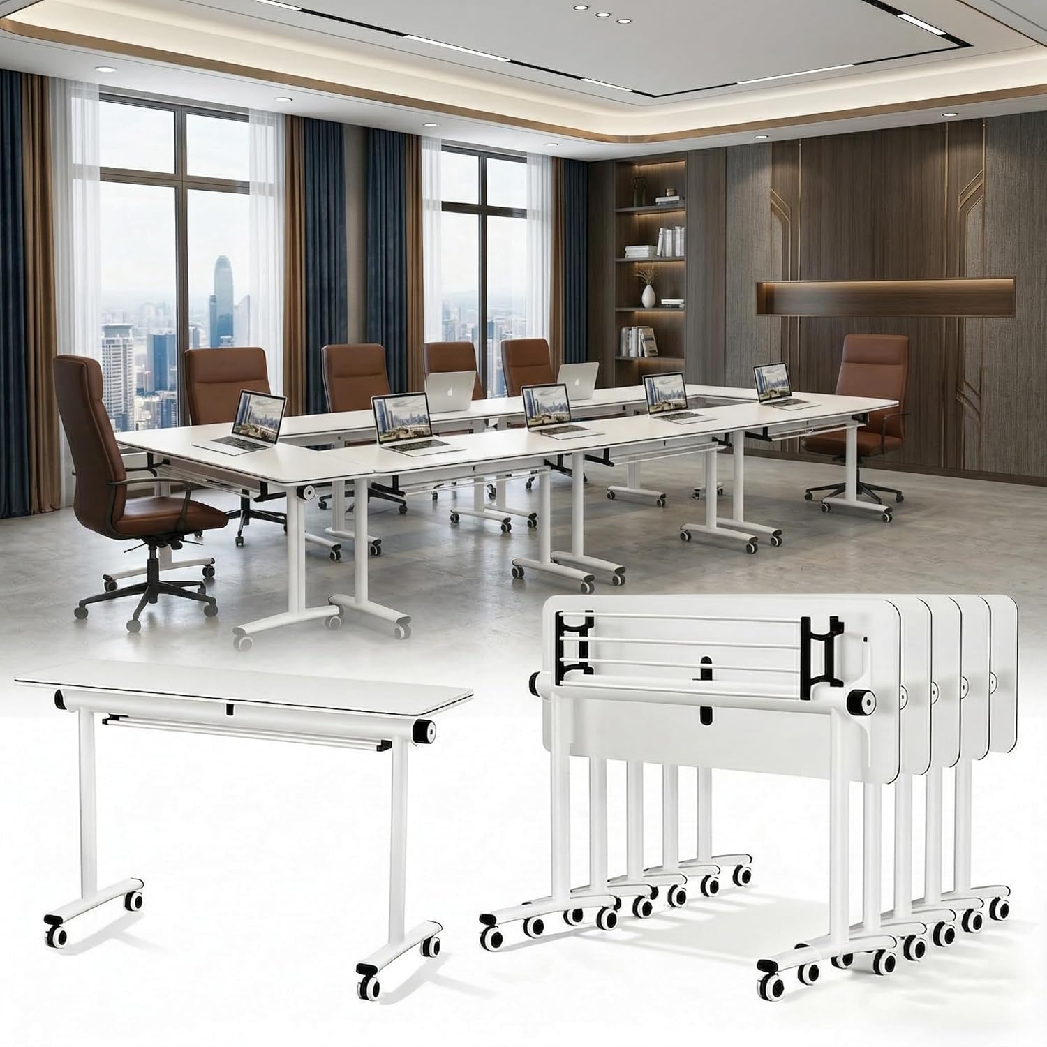 Folding Conference Room Tables On Wheel -Modular Large Modern Conference Table,Stackable Flip Top Meeting Training Table,Space Saving,for Office,Seminar,Classroom(6pack,47IN,White XZ)