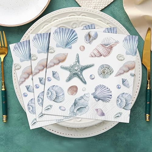 Miniatura 6 de Funrous 200 servilletas de papel de mar de 3 capas, servilletas de conchas marinas, playa costera, coral, náutico, costero, toallas de papel para