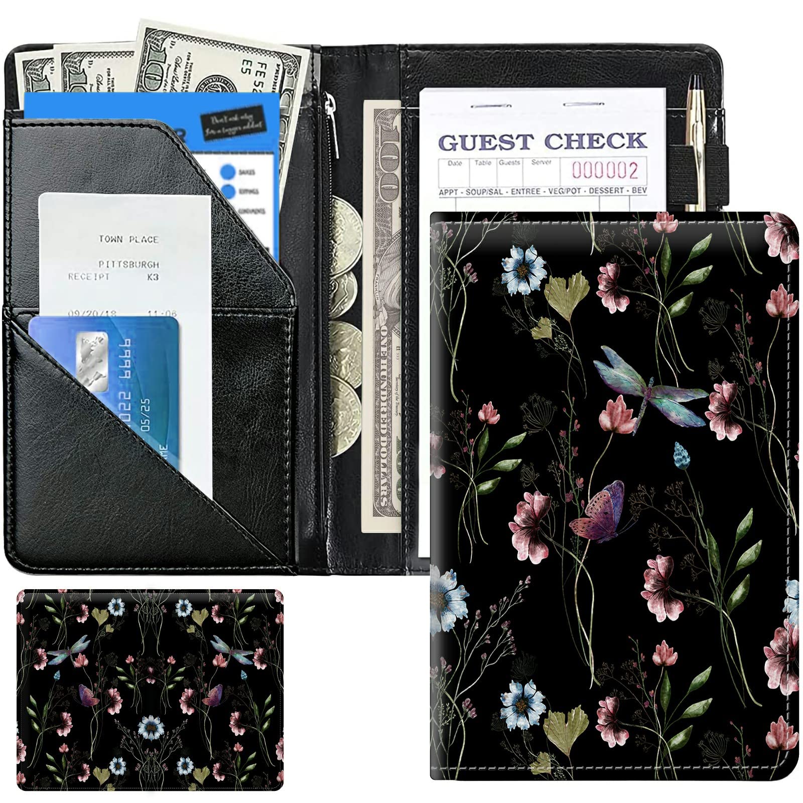 Wild Flower Butterfly Cute Server Books for Waitress, Leather Waiter Book Server Wallet with Zipper Money Pocket, Waitress Ticket Book Holder Restaurant Waitstaff Organizer with Pen Holder Fit