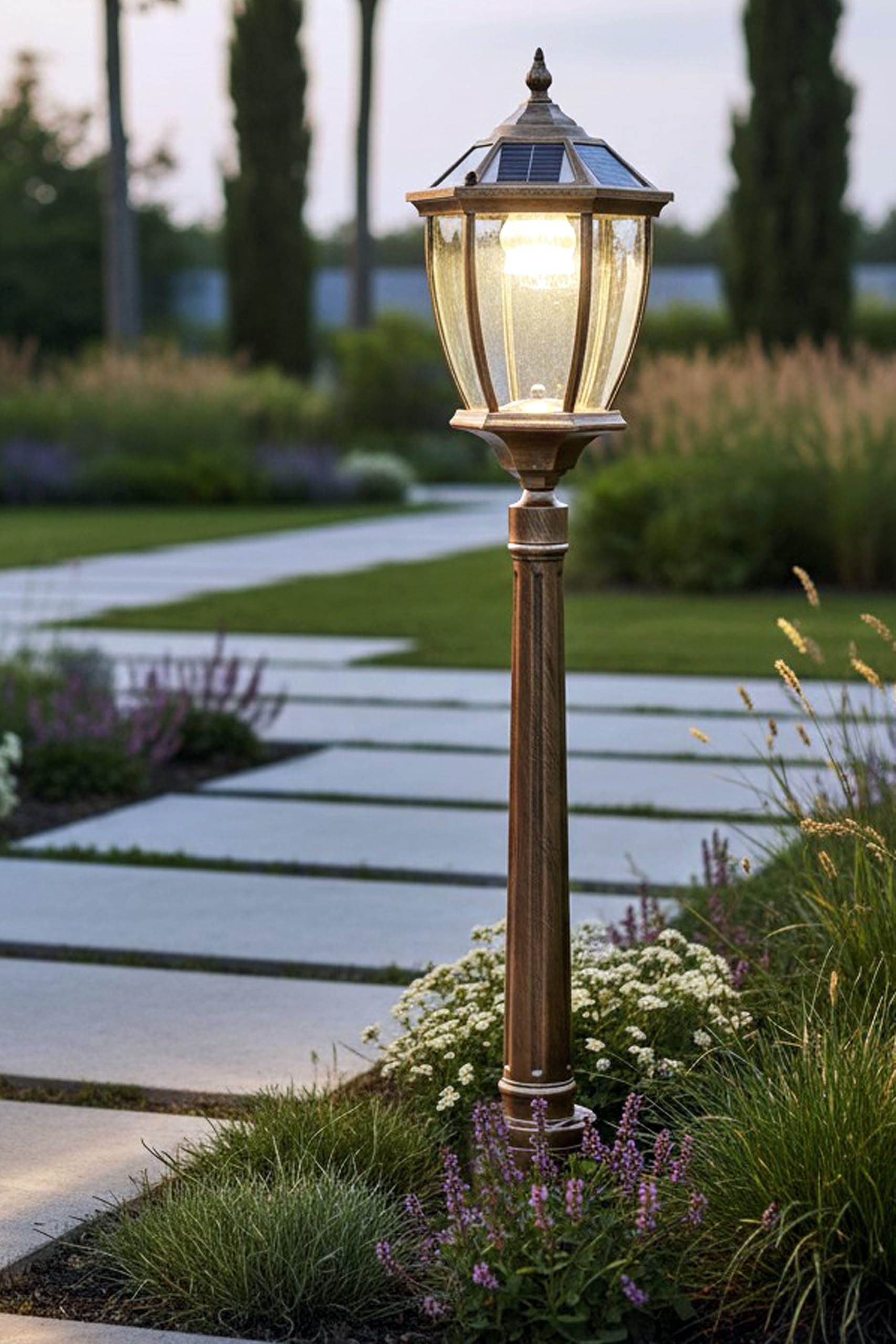 Arnusa Gartenlaterne solarbetrieben klassisch 115 cm Solarlampe Außenleuchte Sockelleuchte kabellos Duo Color warmweiß und kaltweiß Laterne Kupfer Optik