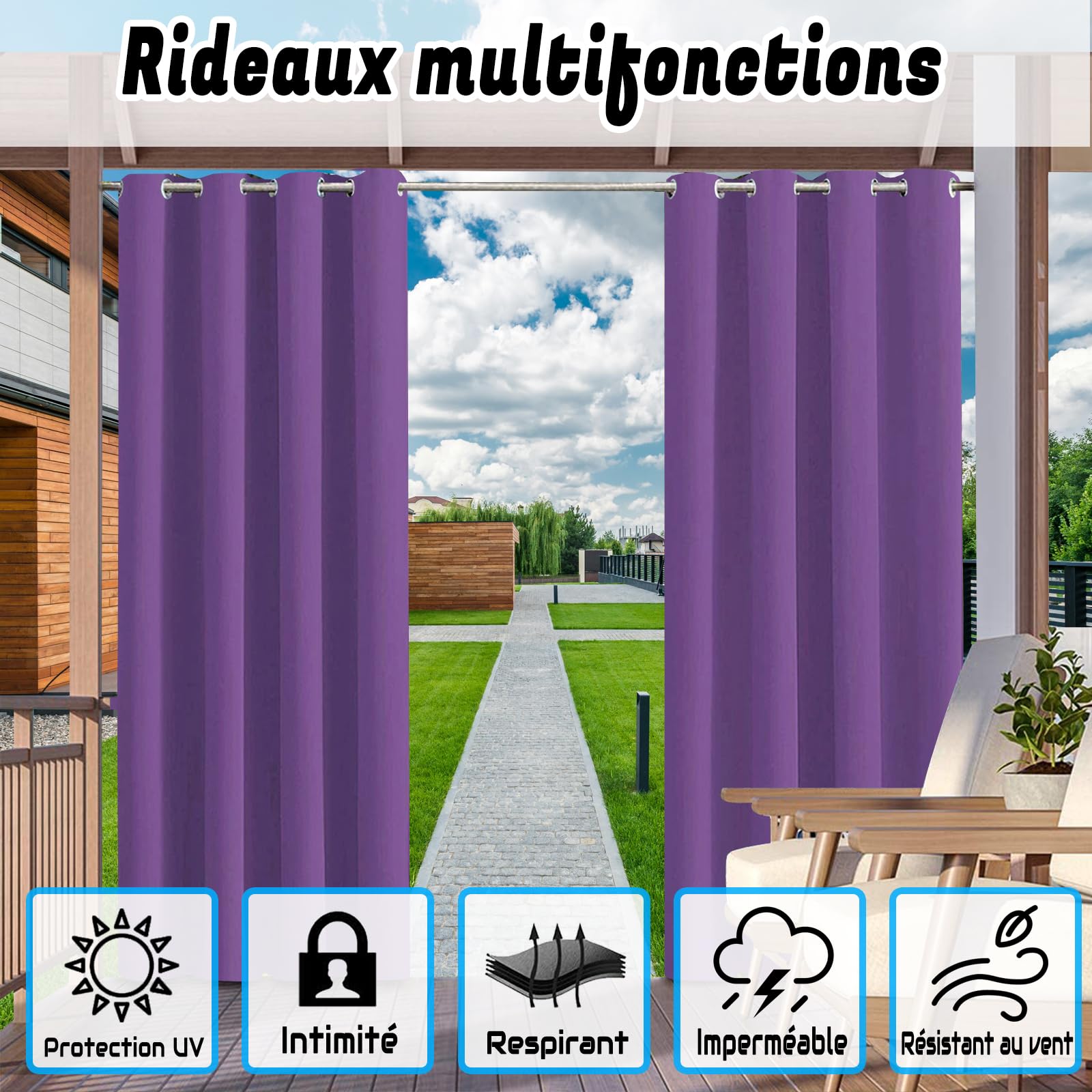 Bloc thermique imperméable pour extérieur – 1 pièce à œillets pour l'intimité de la terrasse – 132 x 275 cm – Parfait pour protéger du soleil et de la terrasse