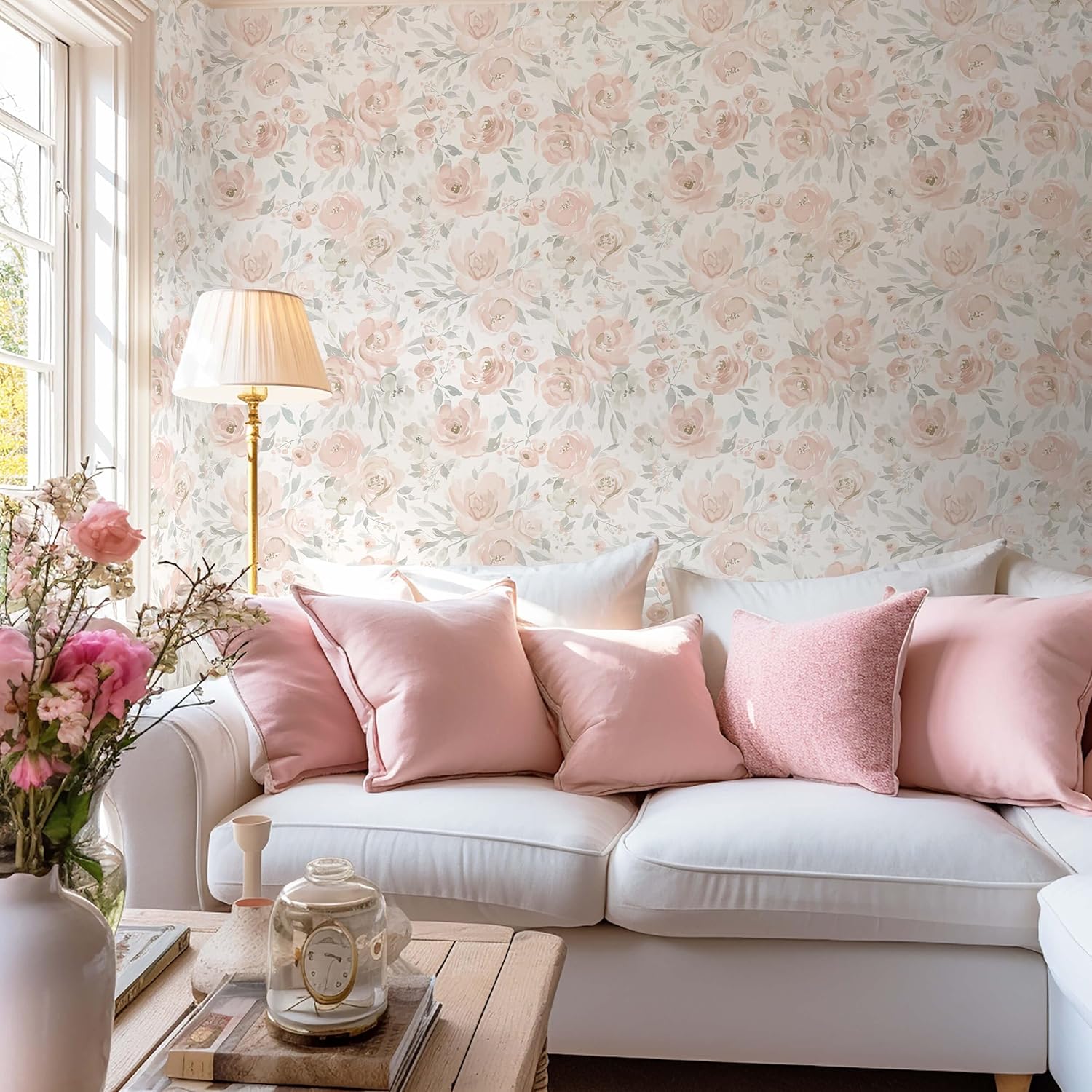 Ismoon Floral Peel and Stick Wallpaper Boho Pink and White Contact Paper Watercolor Stick on Wall Paper Removable Self Adhesive Vinyl Wallpaper for Bedroom Accent Wall Cabinet Decor 17.3x393in