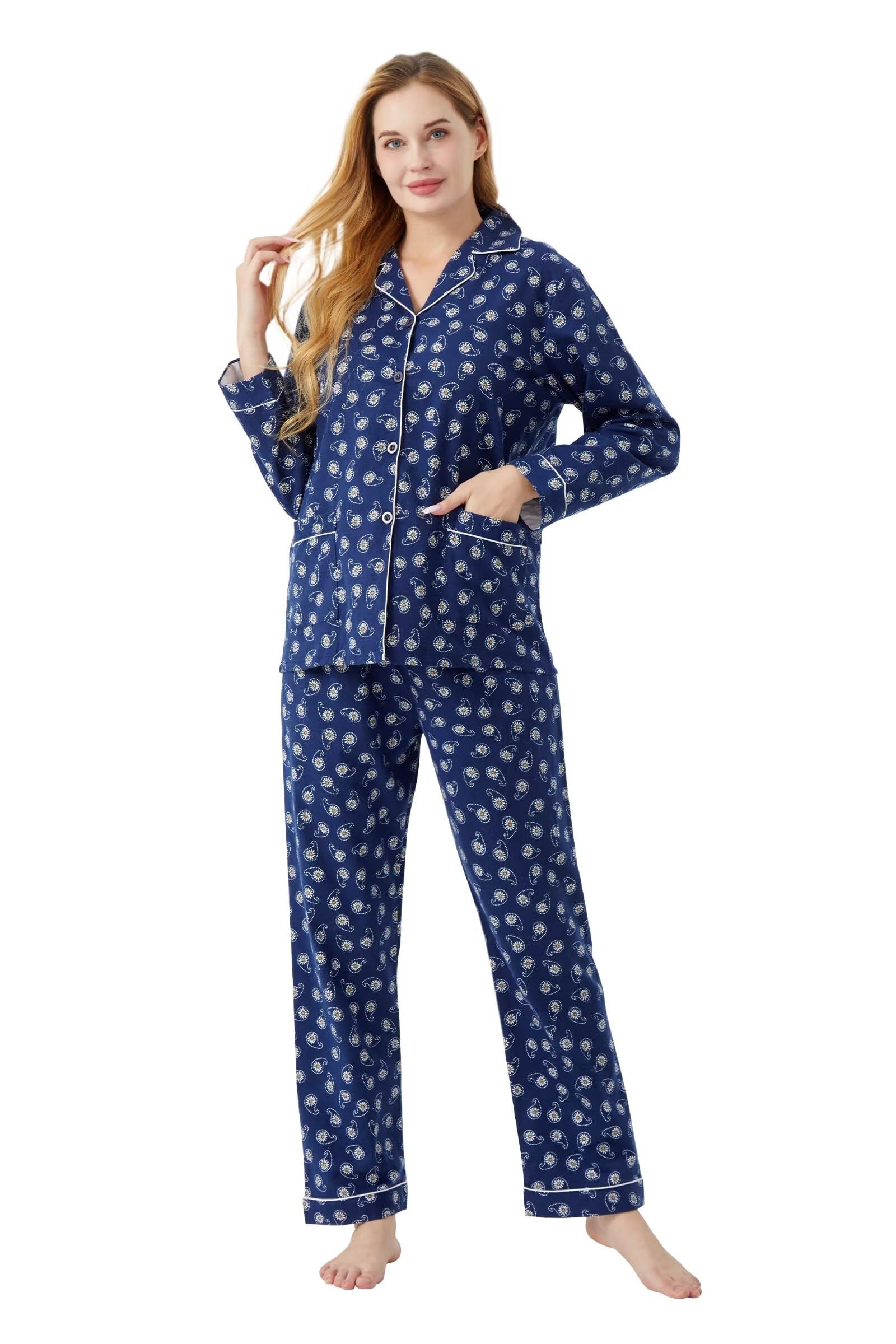 Pijama de franela de algodón para mujer, 100% algodón, conjunto de pijama de franela suave y acogedora