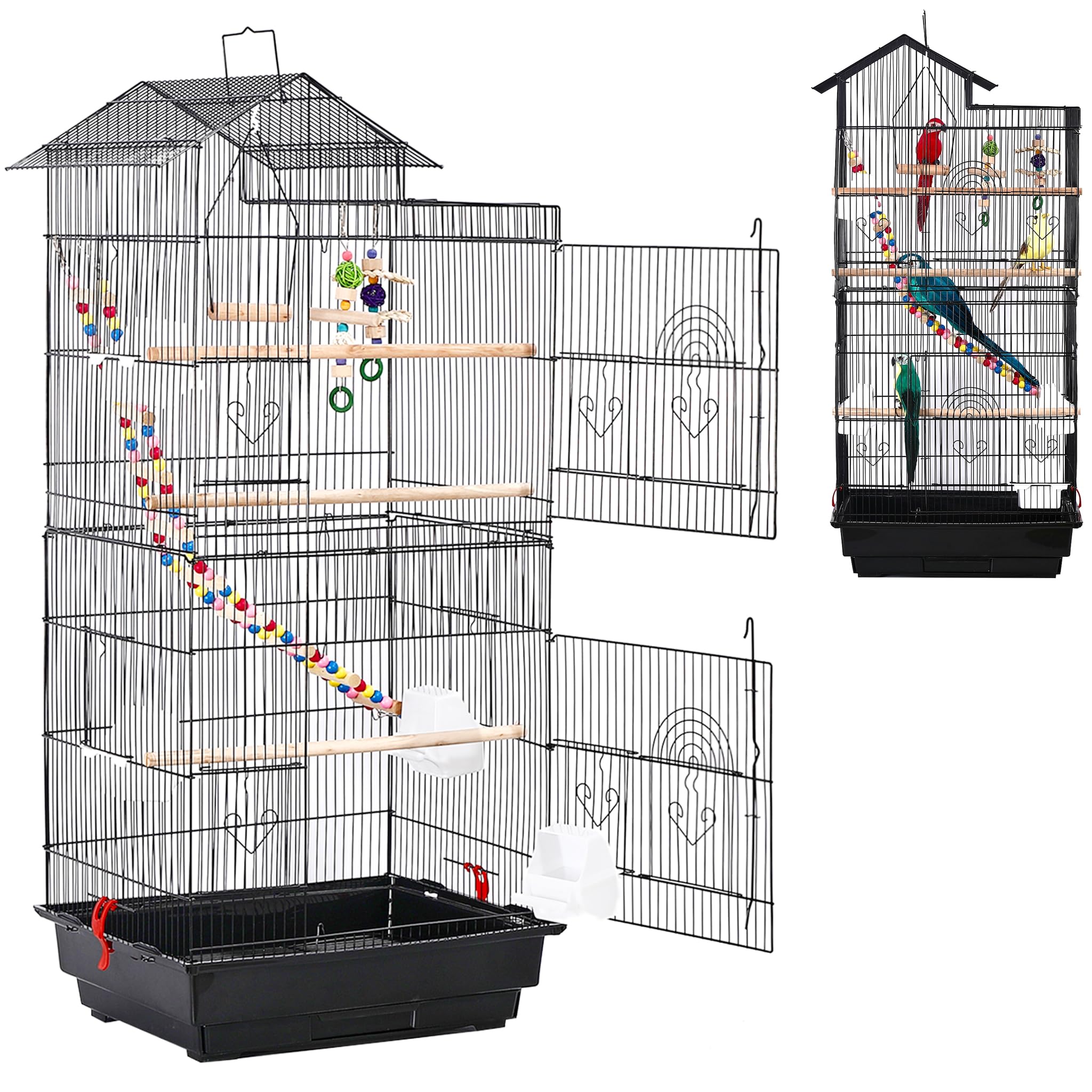 SUBTELTY Metall Vogelkäfige Wellensittich Käfig mit Spielzeuge & Ausruhen Holzstab Nymphensittiche Vogelbauer 46x35.5x99cm Tragbare Vogelvoliere mit Futtertrog & Herausnehmbares Tablett für Ziervögel