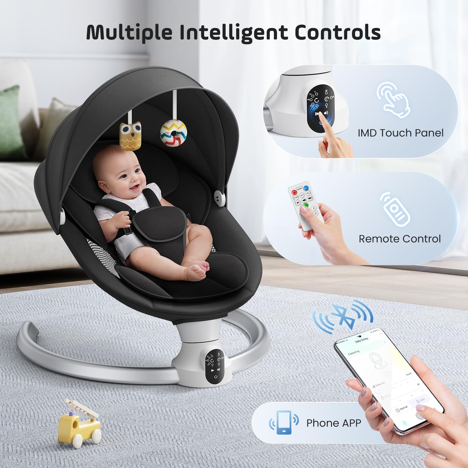 Helangel Altalena per neonati, dondolo elettrico per bambini con app e telecomando, imbracatura a 5 punti aggiornata, 10 musiche Bluetooth e 5 velocità, resiste a 9 kg