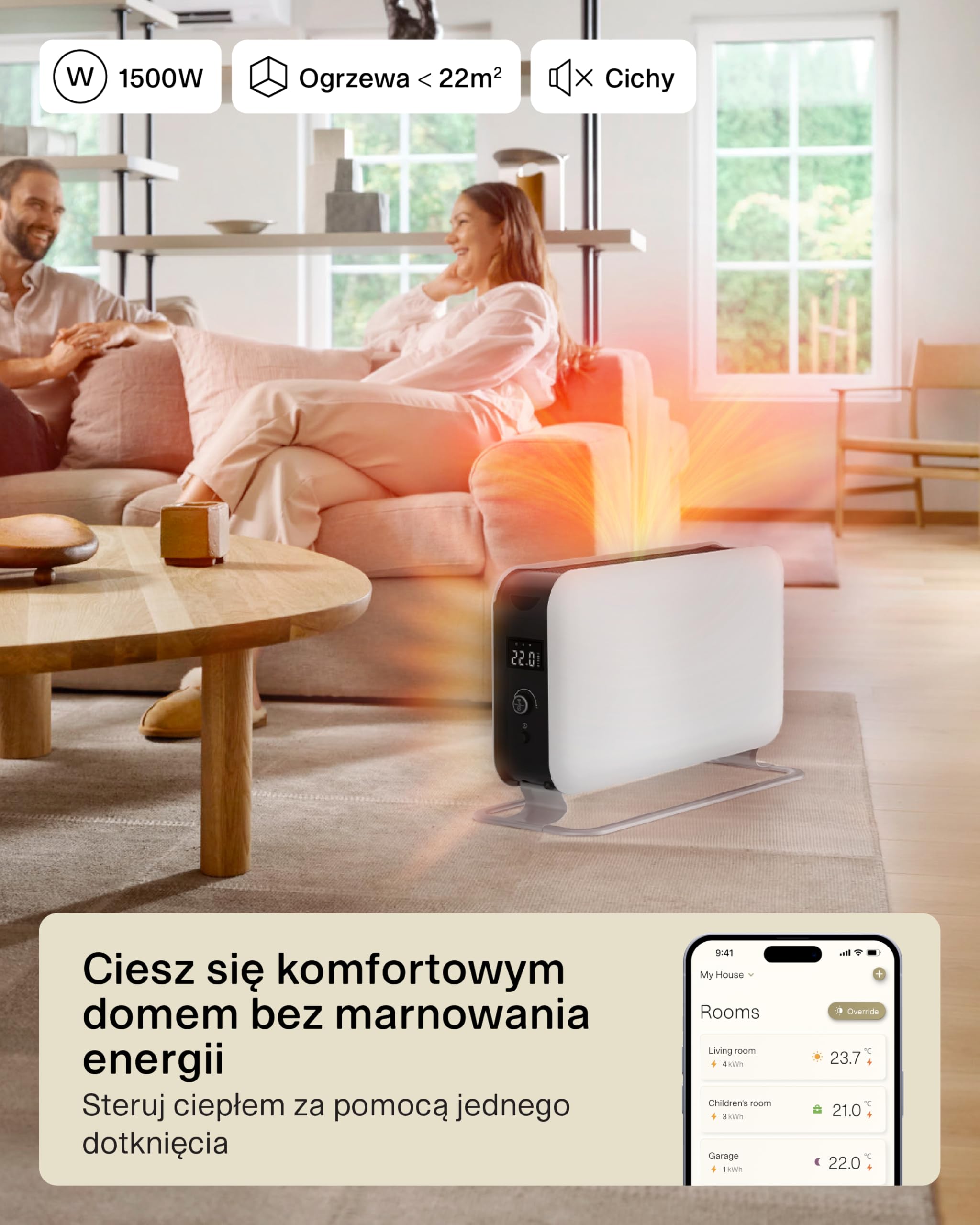 Młyn Przenośny konwektor konwektor Mill WiFi Convection CO1200WIFI, 1200W, ogrzewa środowiska do 25mkw, w komplecie z WIFI 3 sty (Biały, 18-22 m²)