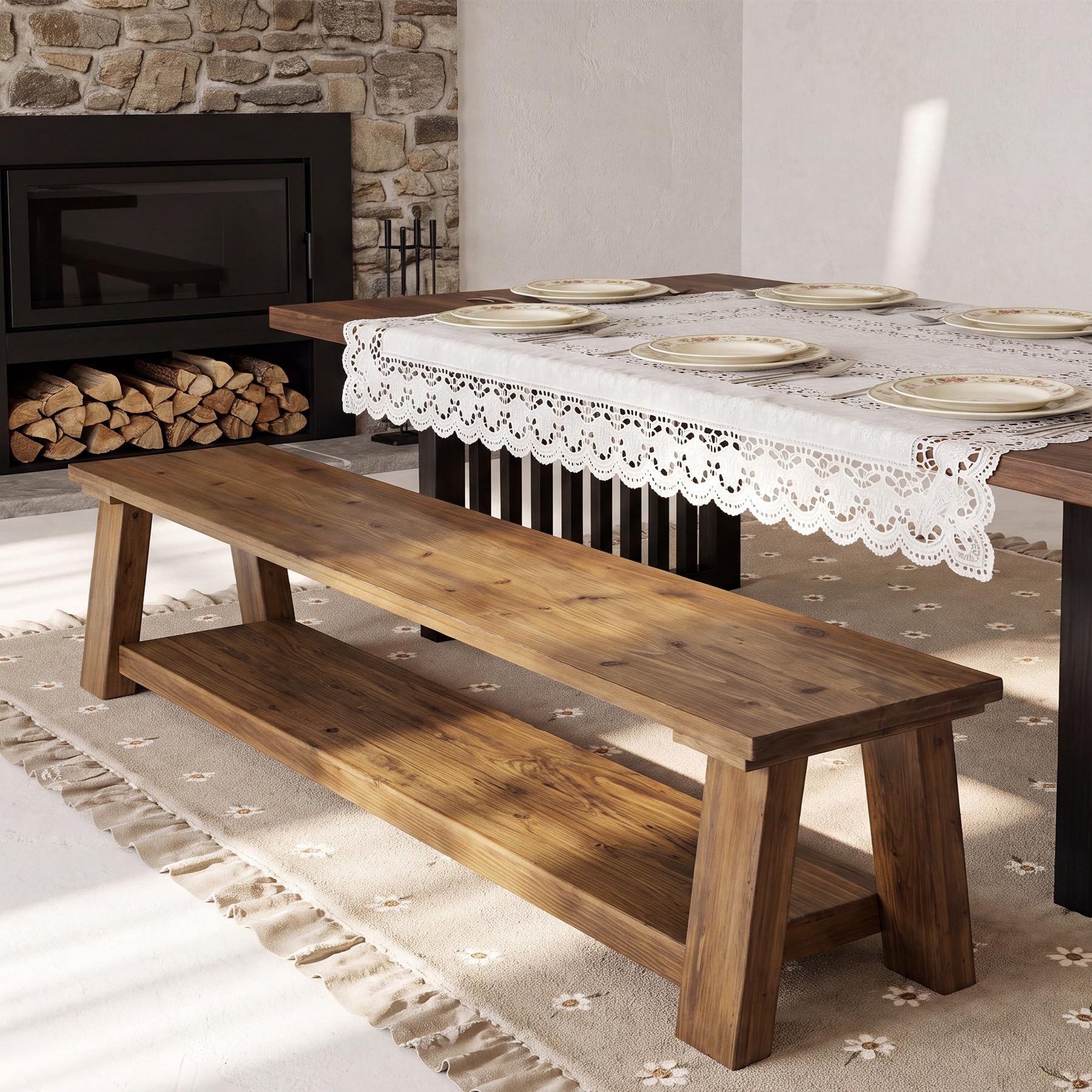 70.87" Long Solid Wood Dining Bench | Farmhouse Kitchen Bench with Storage Shelf for Dining Room, Kitchen, Entryway, Bedroom, Easy to Assemble