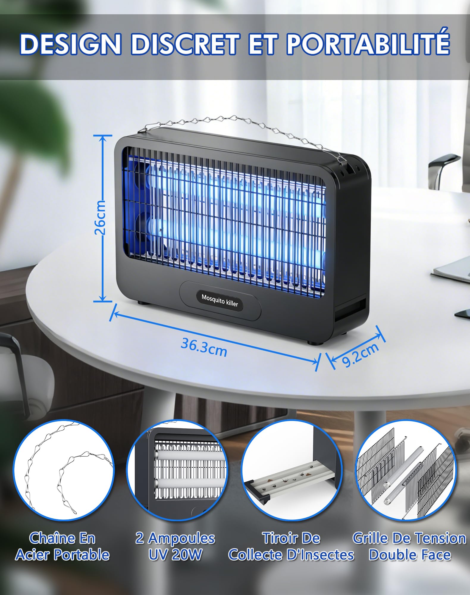 Lampe Anti Moustique Extérieur 3500V, Tue Mouche Électrique 20W, UV Lampe Anti Mouche avec Chaîne Métallique, Sécurisé, Éco-Énergétique et Silencieuse, pour Chambre, Cuisine, Cour et Jardin (100m²)