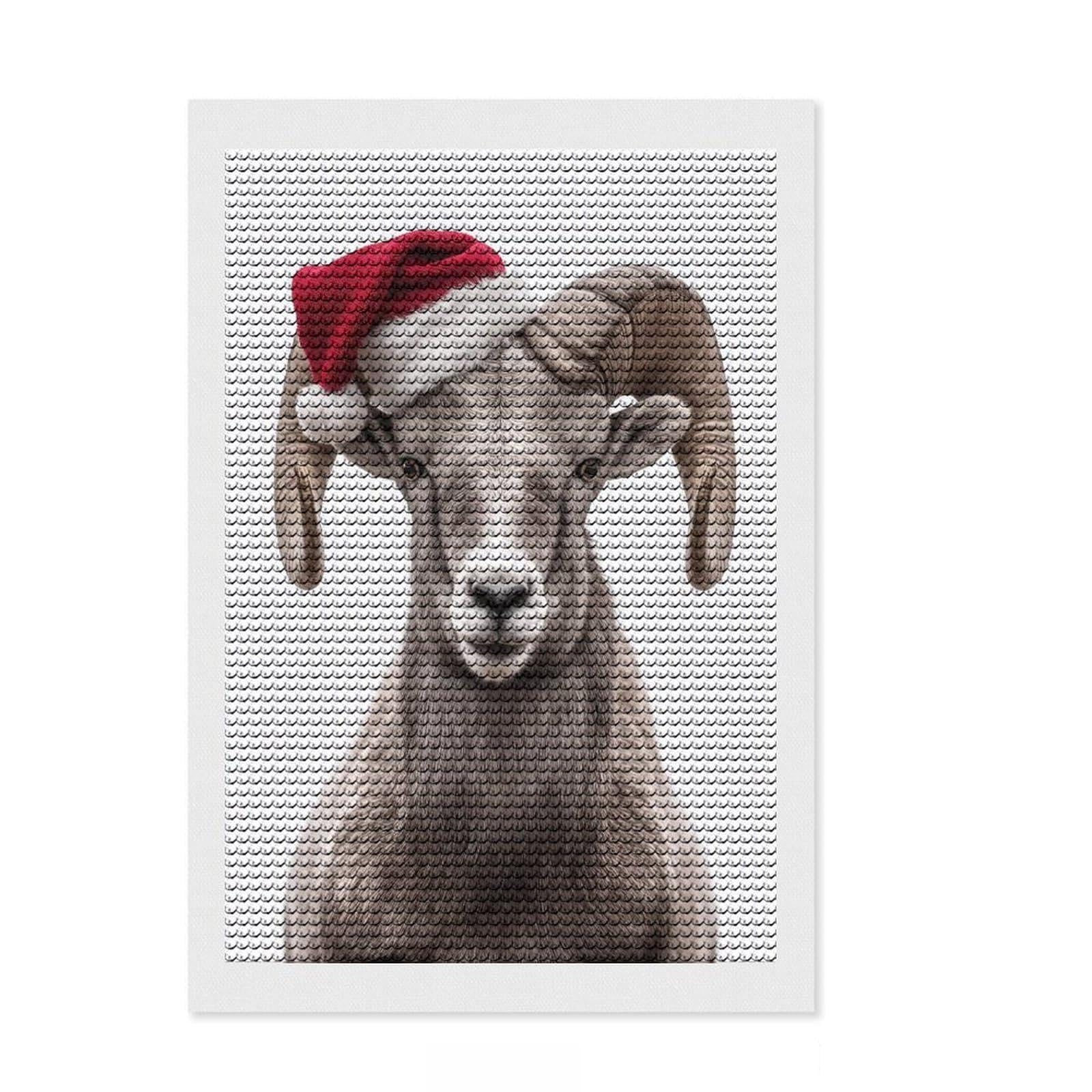 Junmoney Ram with Santa Hat Diamond Art Canvas 8"x12", for Craft Lovers, Neat Printed Canvas, Christmas Gift, Cosy Home Accent, Adhesive Canvas