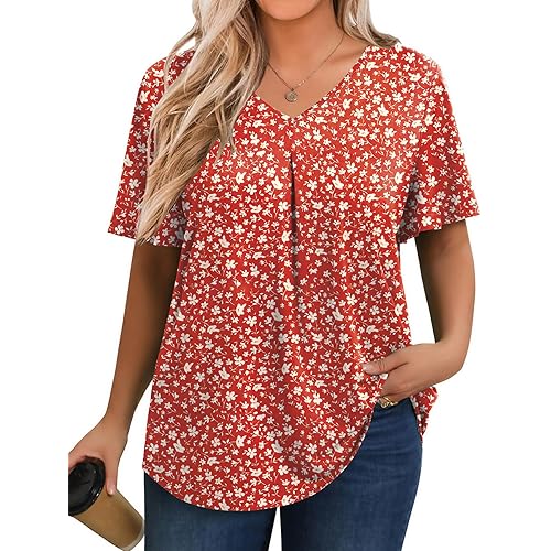 IN'VOLAND Womens Plus Size Tops Summer Short Sleeve Tunic V Neck Dressy Flutter Sleeve Blouses Work Tops Casual T-Shirts