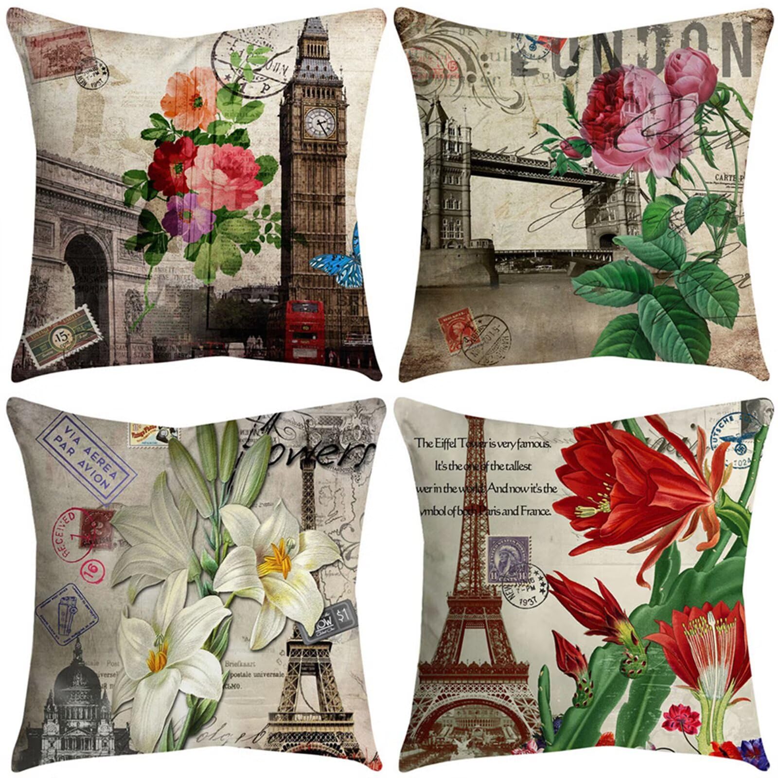 Juego de 4 Impermeable Funda de Cojín Tahua Retro,65x65cm Moderno Suave Transpirables Lino Fundas de Almohada Cojines Decorativos con Cremallera Oculta para Exterior Sofá Cama Coche Hogar