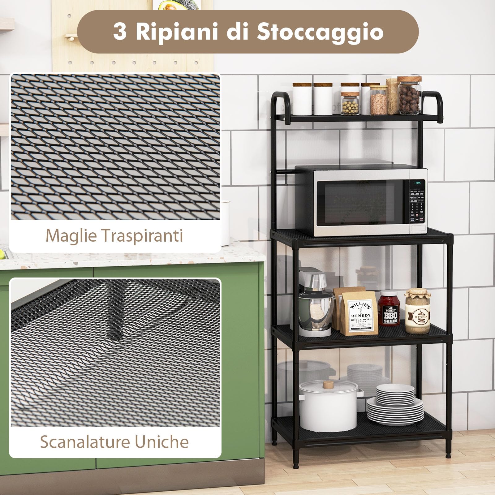 COSTWAY Microonde Scaffale da Cucina per Microonde in Metallo a 4 Ripiani, Carrello per Microonde Scaffalatura Organizzatore Portaoggetti, 60 x 34 x 136 cm (Nero)