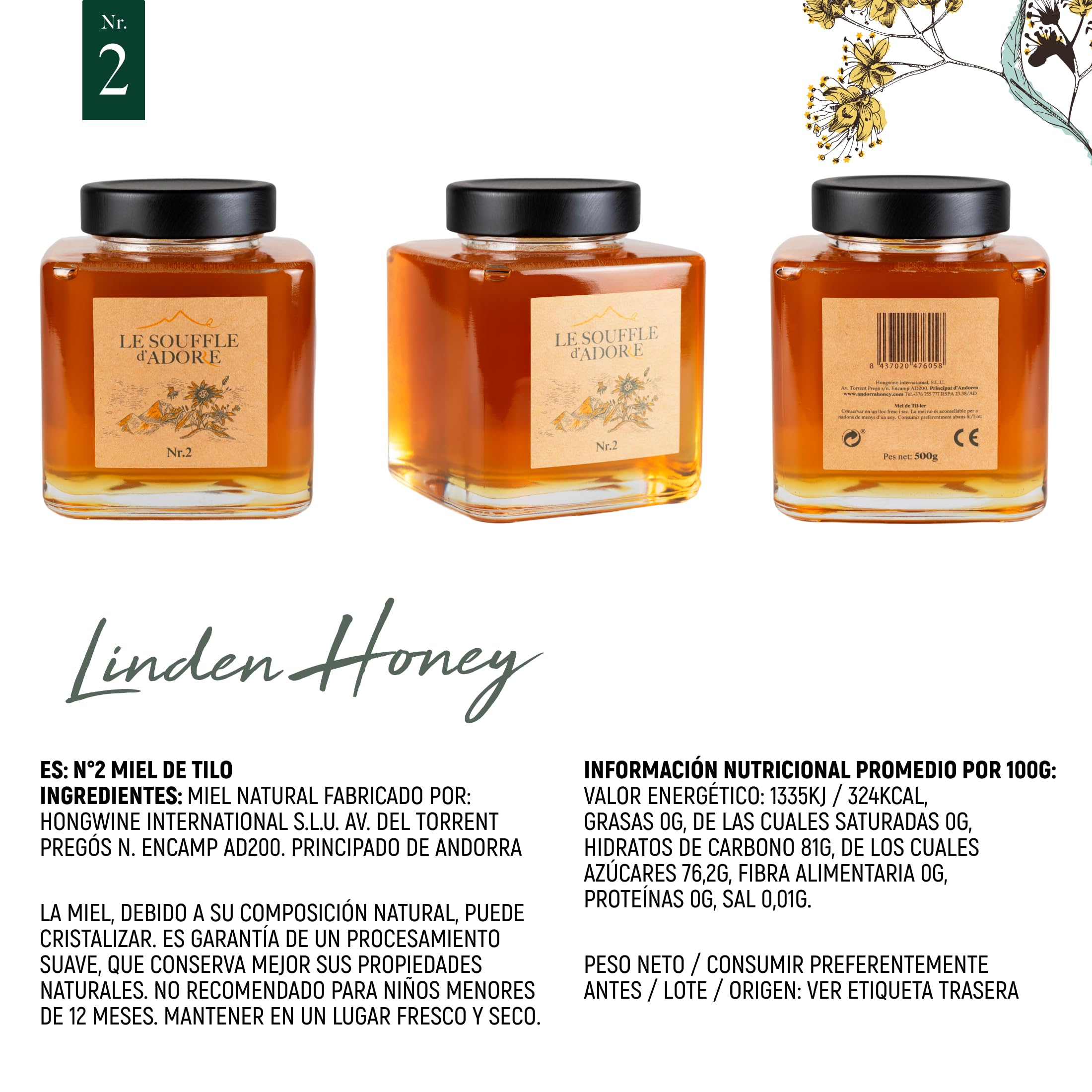 Le Souffle d'Adore Sélection | Miel de Tilleul 100% Naturel – Cru et Non Pasteurisé – Pur, Crémeux et Doux – Sans Sucre ni Additifs – Pot en Verre Premium 500 g – Cadeau Gourmet