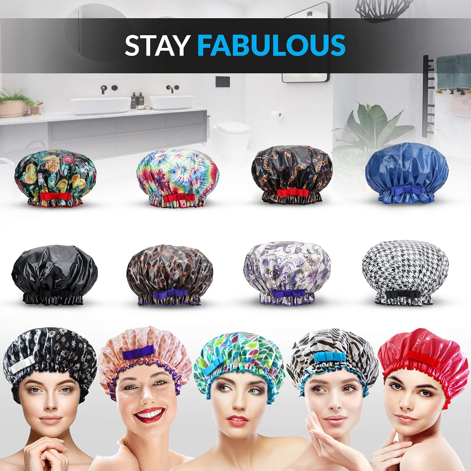 Waterproof Reusable Women Shower Caps 100% Cotton Blue Print Bath Caps Hat Long Hair Perfect for Women (Blue)