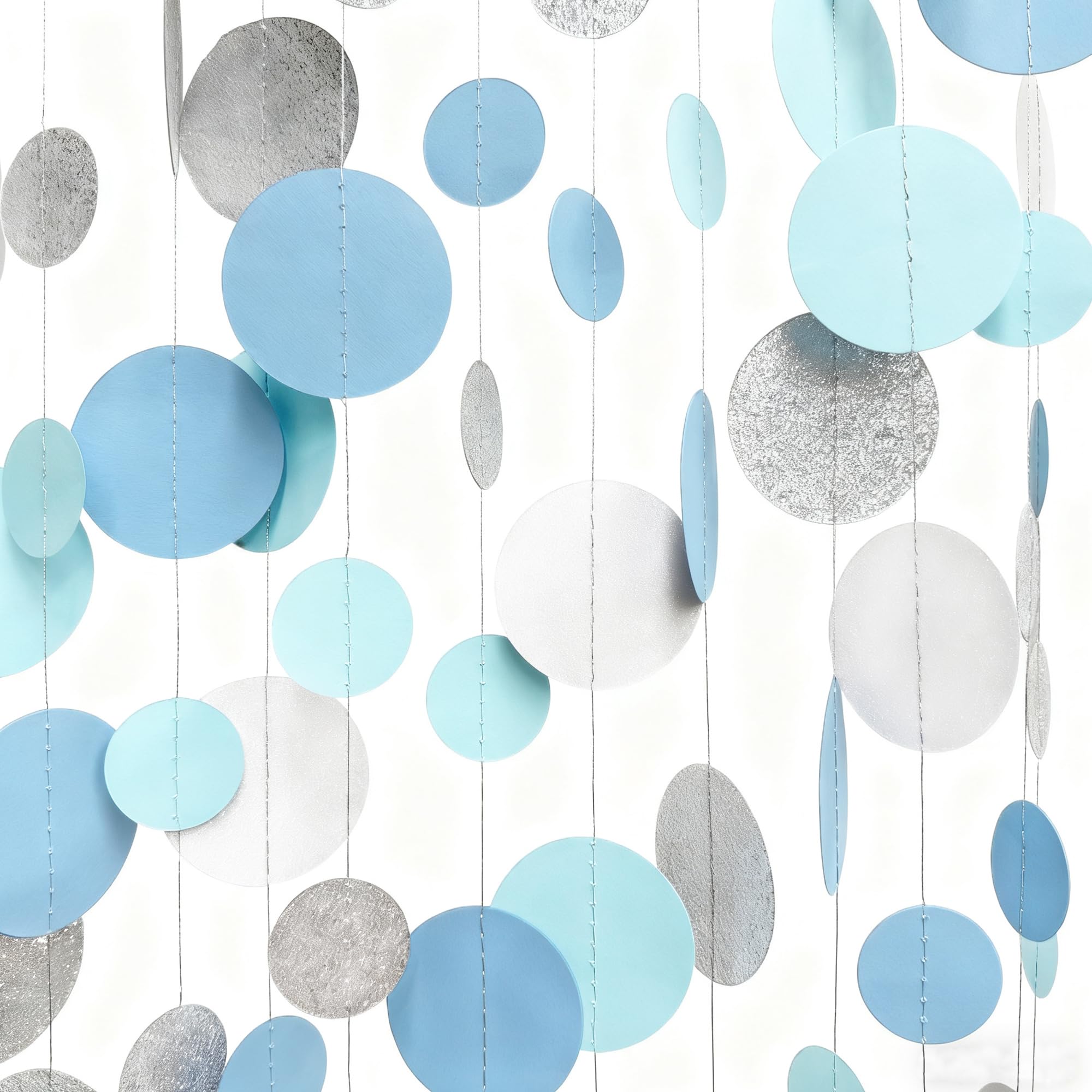 Dusty Blue Silver White Polka Dots Garland Hanging Paper Circle Dot Streamer for Nautical Birthday Wedding Engagement Bridal Shower Retirement Graduation Hen Party Decorations Supplies