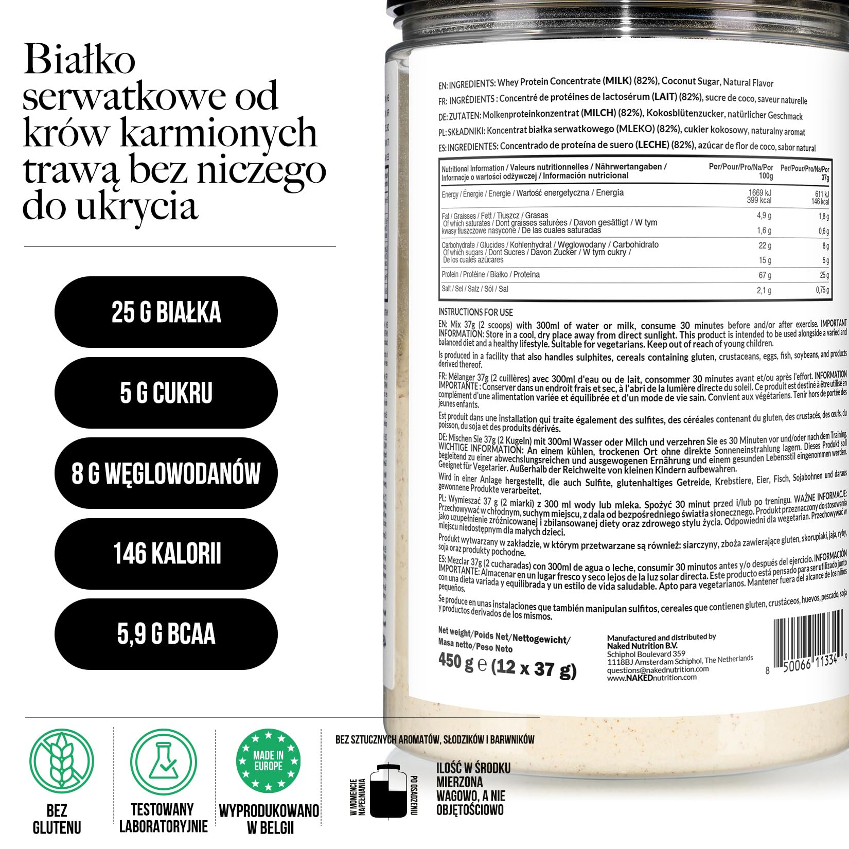 Naked Whey - Suplement diety w postaci proszku zawierający białko serwatkowe, o smaku waniliowym, bez GMO, bez soi, bez glutenu, wspomagający wzrost i regenerację mięśni, 450 g