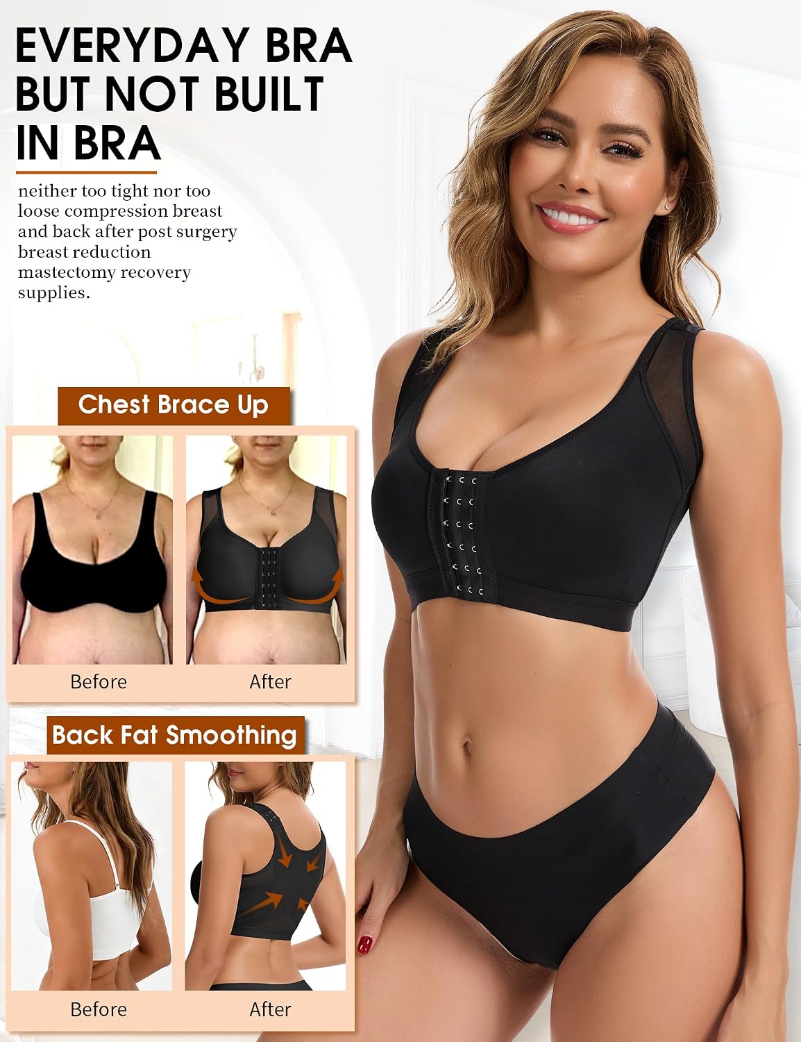 MISS MOLY Post Surgery Compression Bras for Women Front Closure Adjustable Strap Wirefree Breast Enhancement Posture Sport Bra Black M
