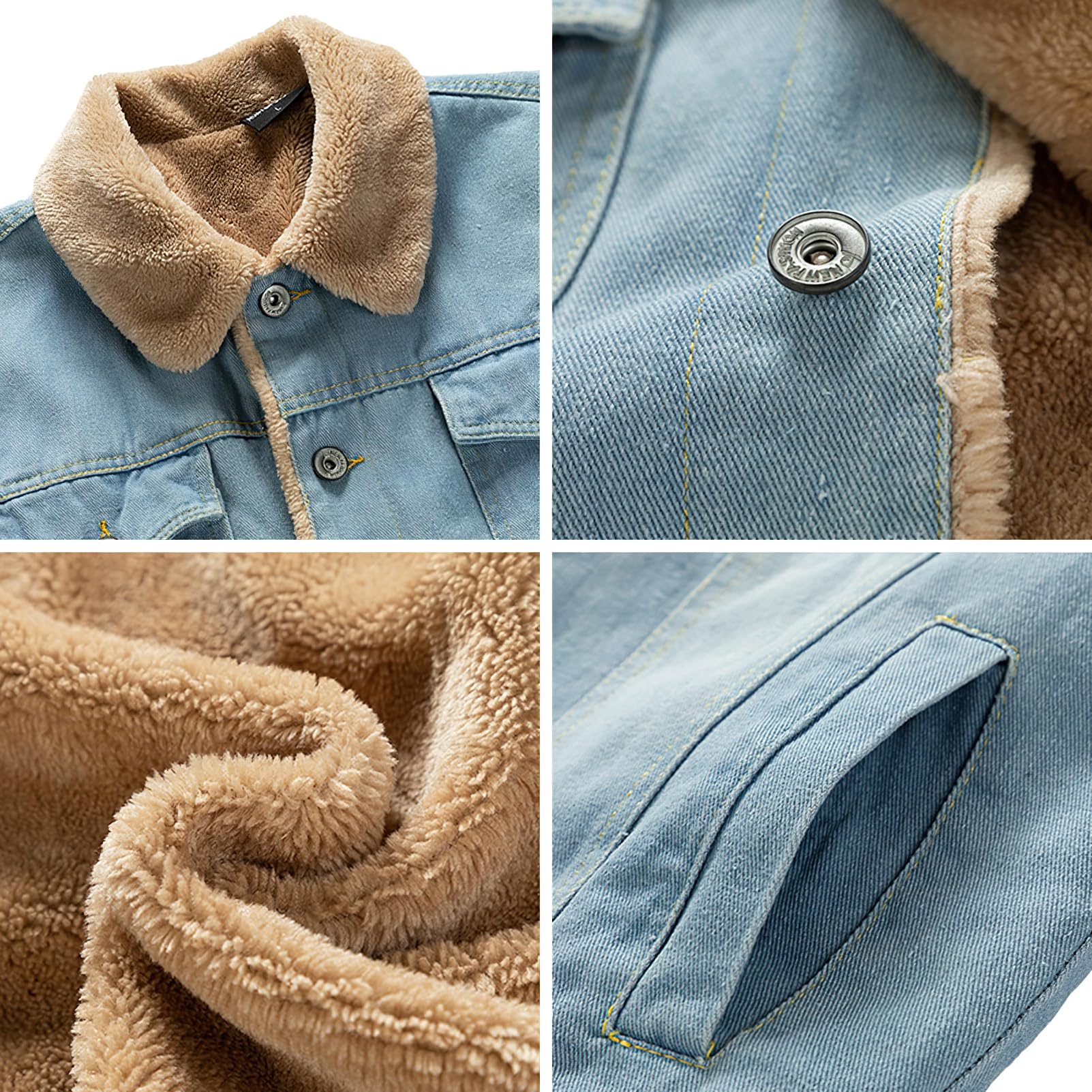Hombre Invierno Chaqueta Vaquera con Forro Polar con Cuello Chaqueta Jeans de Felpa Cálida con Bolsillos