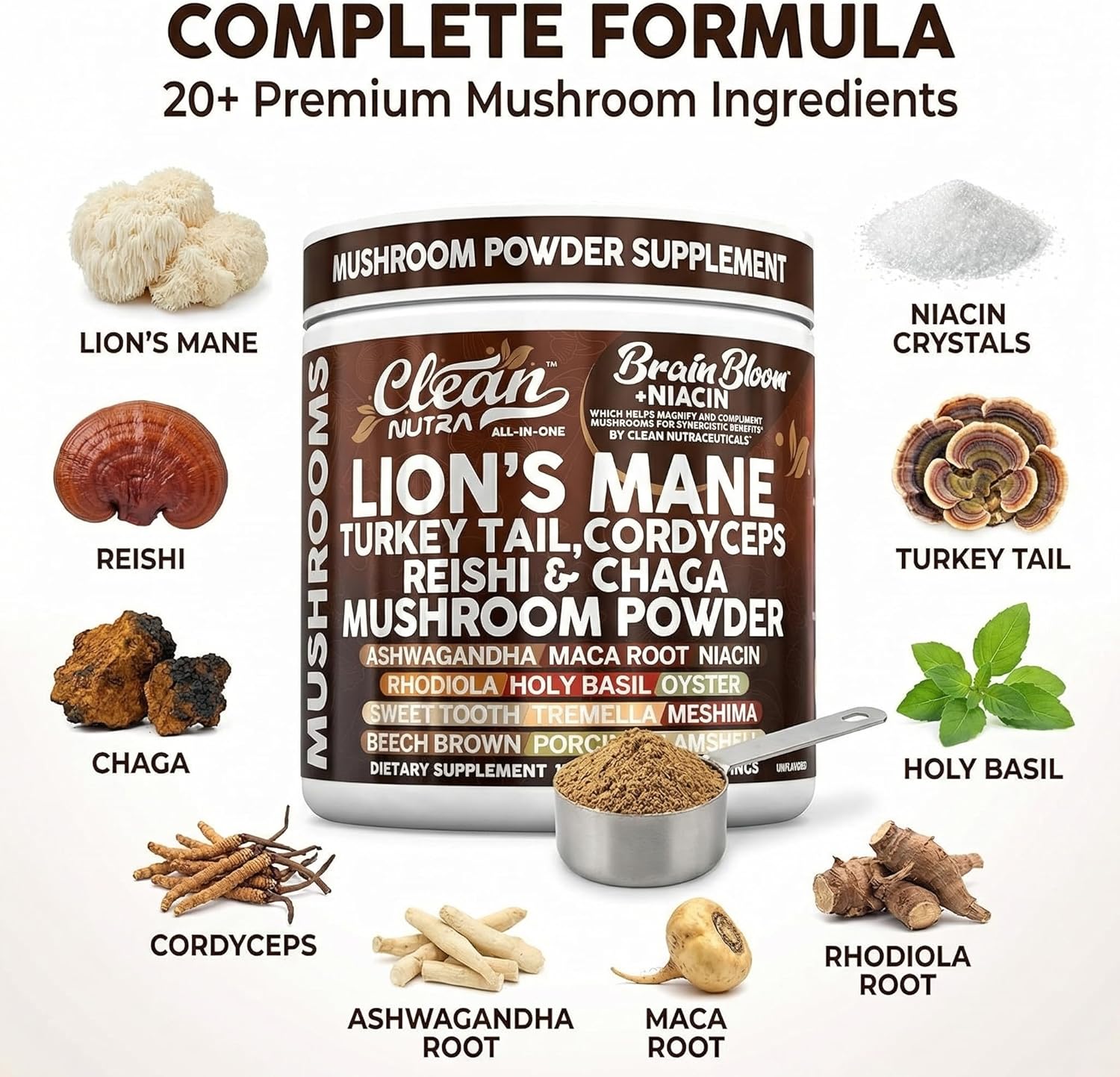 Clean Nutra Lion's Mane Turkey Tail Cordyceps Reishi Chaga Mushroom Powder + Ashwagandha Niacin Calm Stress Memory Adrenal Support Supplements Maca Rhodiola Holy Basil Apaptogen Supplement Unflavored