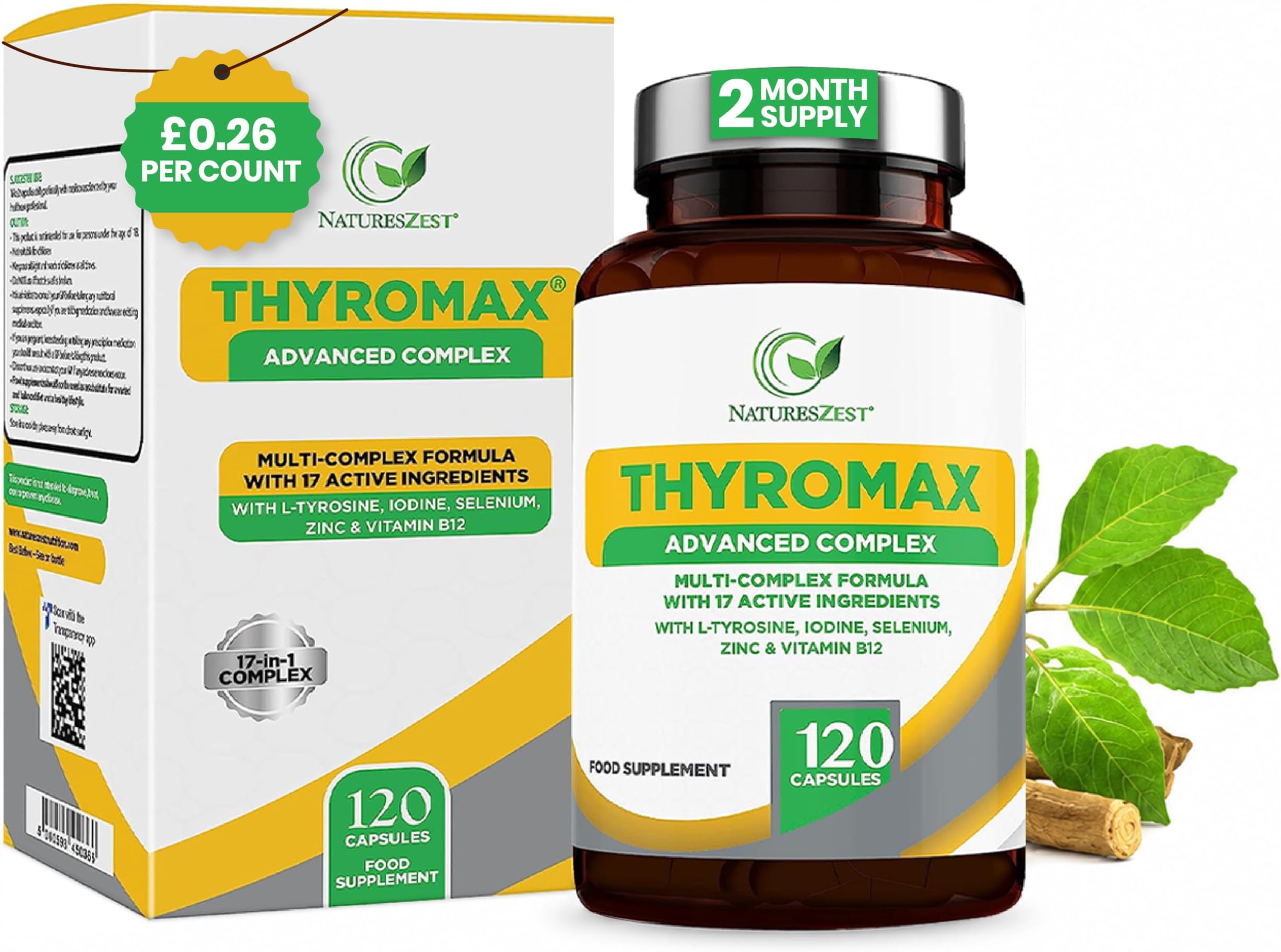 ThyroMax Thyroid Support Supplement - 120 Vegan Capsules, 17 Active Ingredients: Iodine & Selenium for Thyroid, L-Tyrosine, Ashwagandha, Zinc, B12 - High Strength Energy & Focus, 2 Month Supply