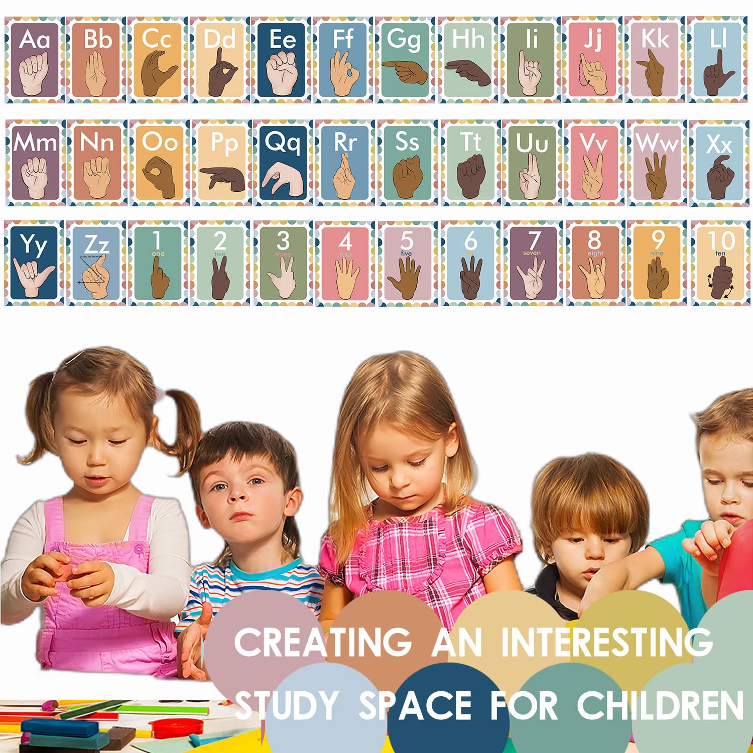 Juego de 36 tableros de anuncios de línea del alfabeto ASL, números ABC, tarjetas de lenguaje de señas, decoración de pared para preescolar, jardín de infantes, primaria, guardería, escuela en casa