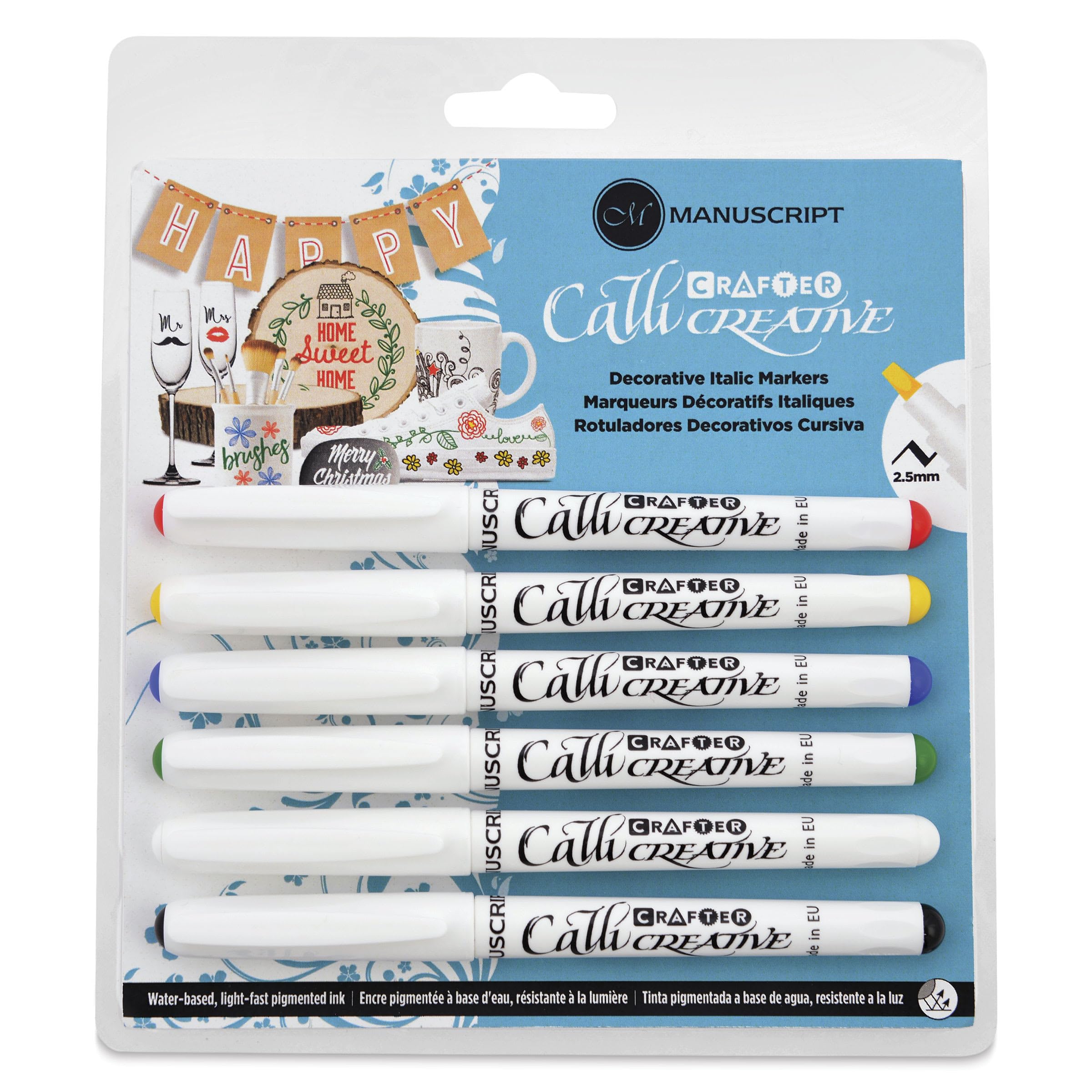 Manuscript Pen Company Callicreative Italic Crafter Markers – 6 Pieces – 2.5mm Italic Chisel nibs, 6 Colours, White