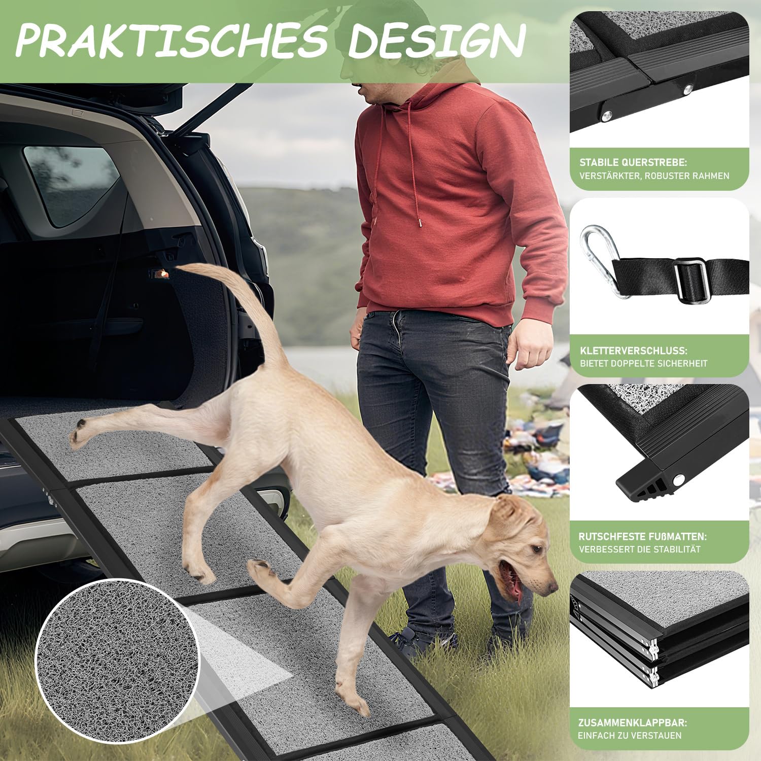 Hunderampe Auto Klappbar 170x44cm, Faltbare & rutschfeste Hundetreppe Auto & SUV bis 80kg, Aluminium Rampe mit Schlingen-Teppich Oberfläche, Leicht & Stabil, Hund Rampe Grau
