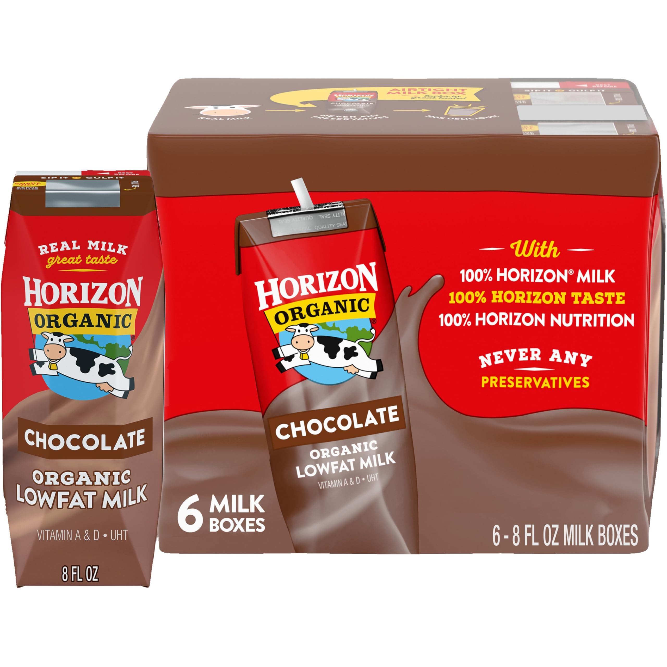 Shelf Stable 1% Lowfat Chocolate Milk Boxes, 8 fl oz, 6 Count - 8g Protein per Serving, USDA Organic, Ready to Drink for Lunchbox, Travel, or On-the-Go, No Refrigeration Needed