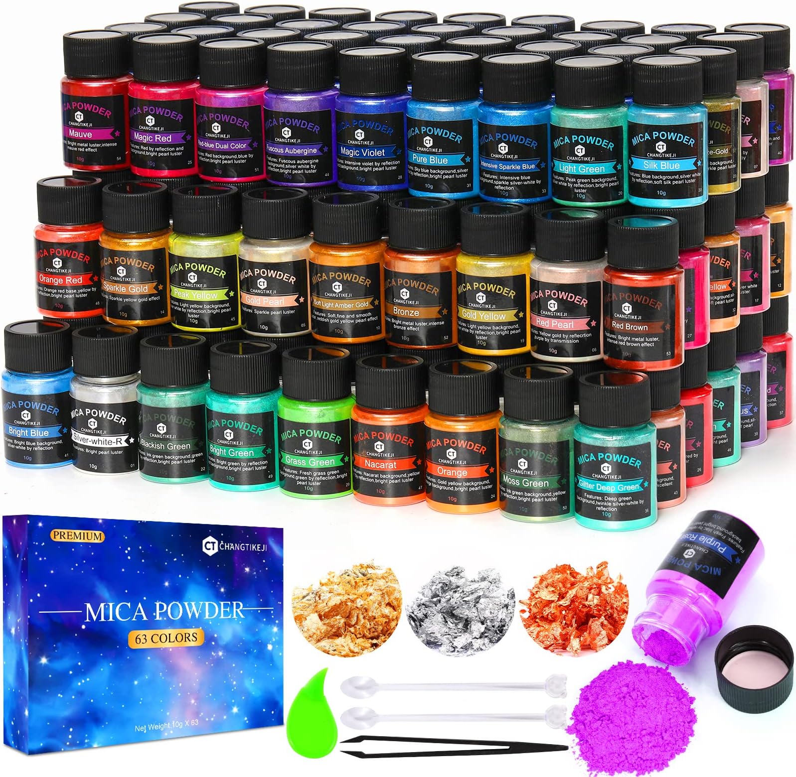 CHANGTIKEJI Mica Powder，63 Colors - 10g/Bottle of Natural Pigment Powder for Epoxy Resin，Lip Gloss，Eye Shadow,Car Paint, Dye,Soap Making,Nail Polish,Candle Making,Bath Bombs