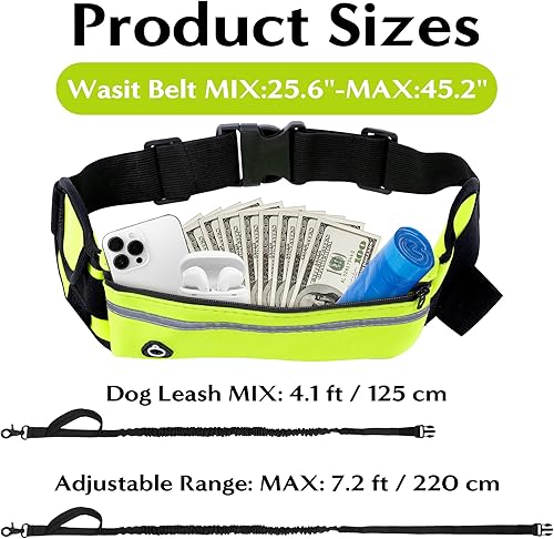 Miniatura 2 de Correa de perro manos libres, correas de cintura para correr con bolsa de cremallera, cinturón reflectante ajustable, mango doble elástico retráctil