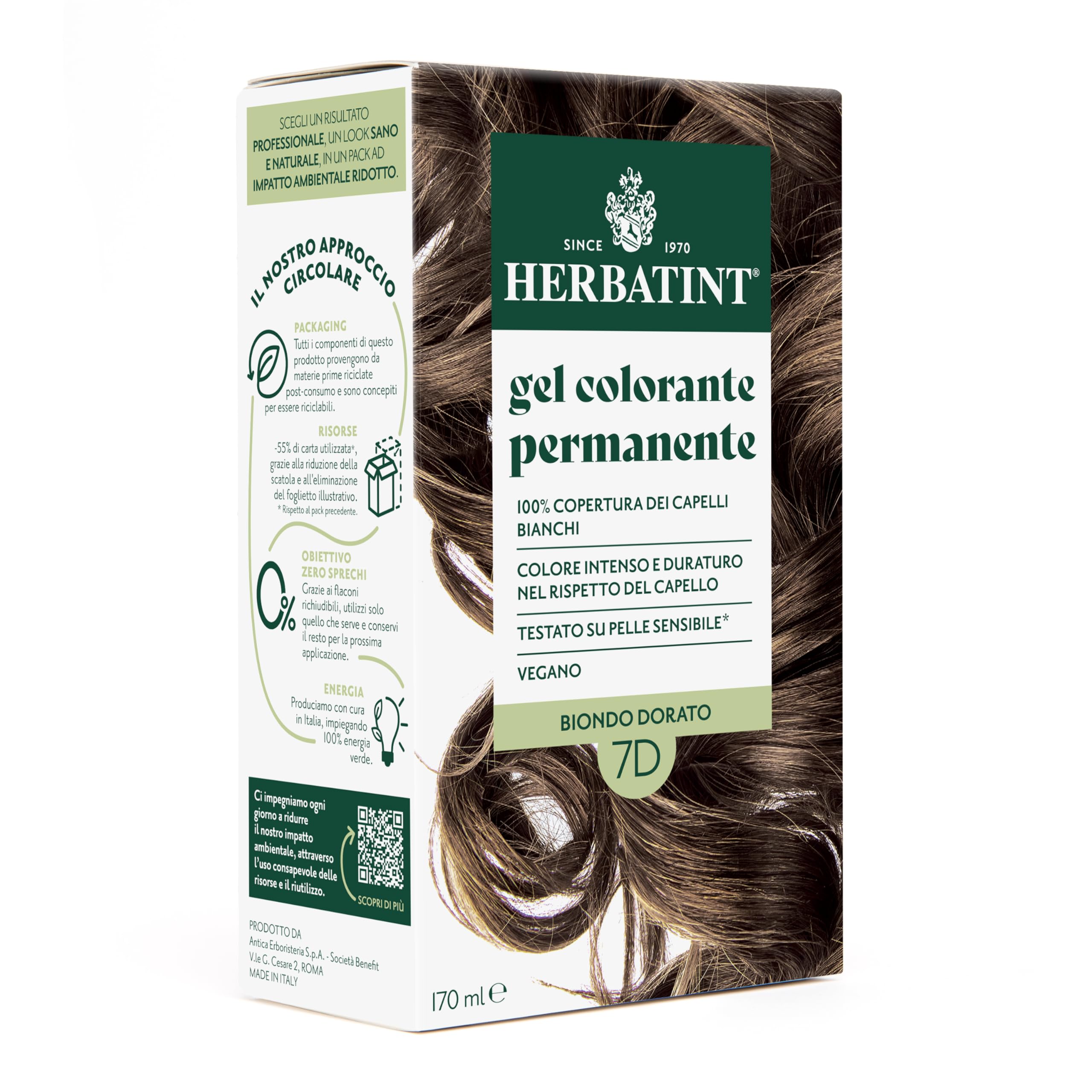 Herbatint Permanentes Haarfärbe-Gel 7D Goldblond – 170 ml | Ammoniakfrei, 100% Abdeckung für weißes Haar | für empfindliche Haut, mit 8 natürlichen Bio-Extrakten