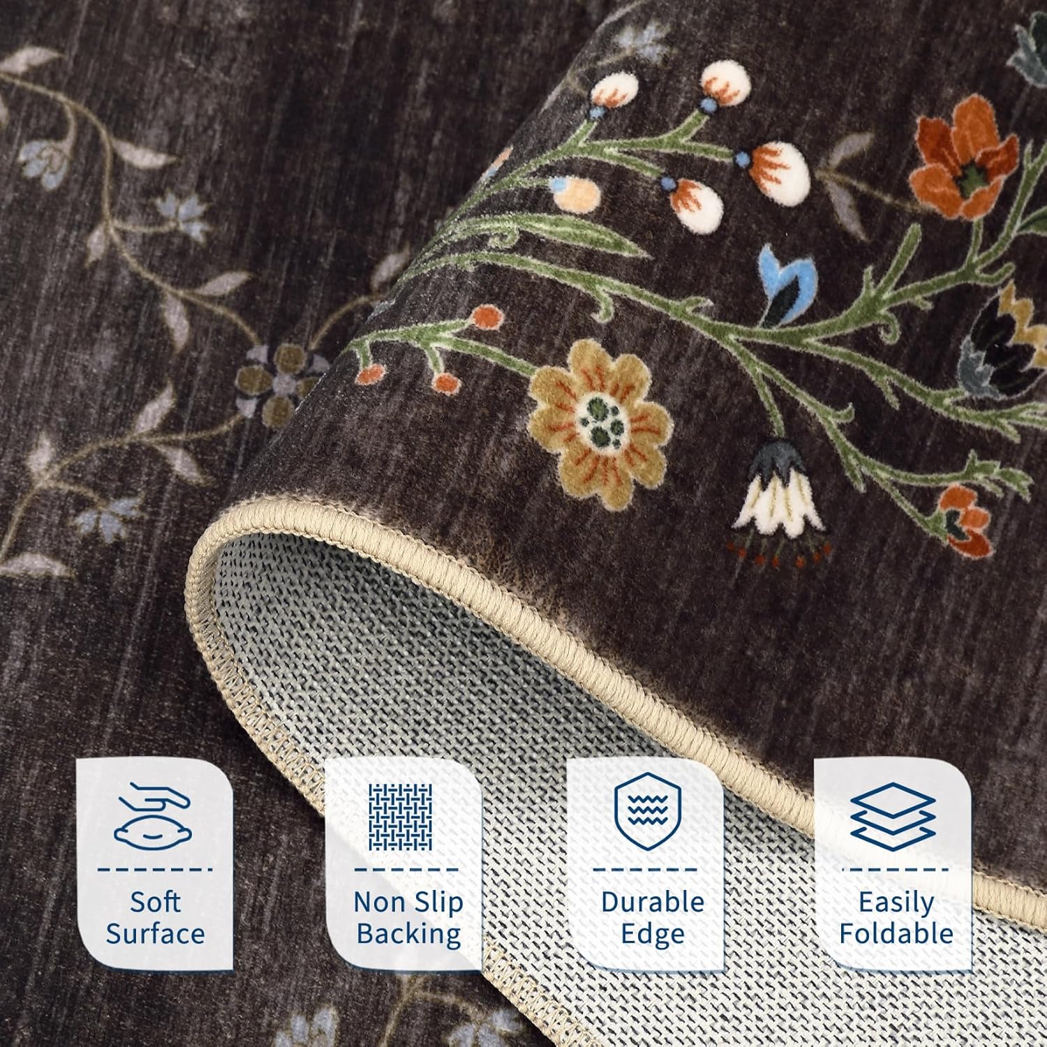 GarveeHome Washable Area Rug 4x6, Small Living Room Rug with Non-Slip Backing, Vintage Floral Rug for Bedroom, Flower Carpet for Kitchen Entryway Office Nursery Entrance Enytry Indoor, 4x6 Brown