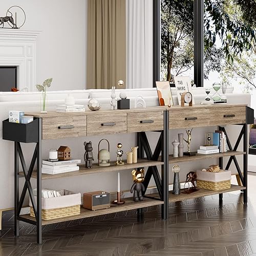 Miniatura 25 de Gizoon Mesa de entrada de 39 pulgadas con 2 cajones y estantes de almacenamiento de 3 niveles, mesa de sofá larga y estrecha industrial, mesa